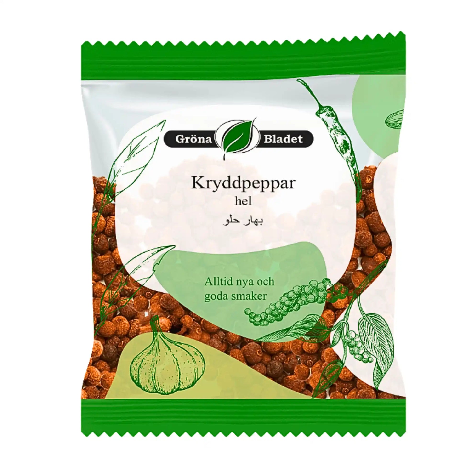 Förpackning med hel kryddpeppar, grönt och vitt tema, produktillustrationer på framsidan.