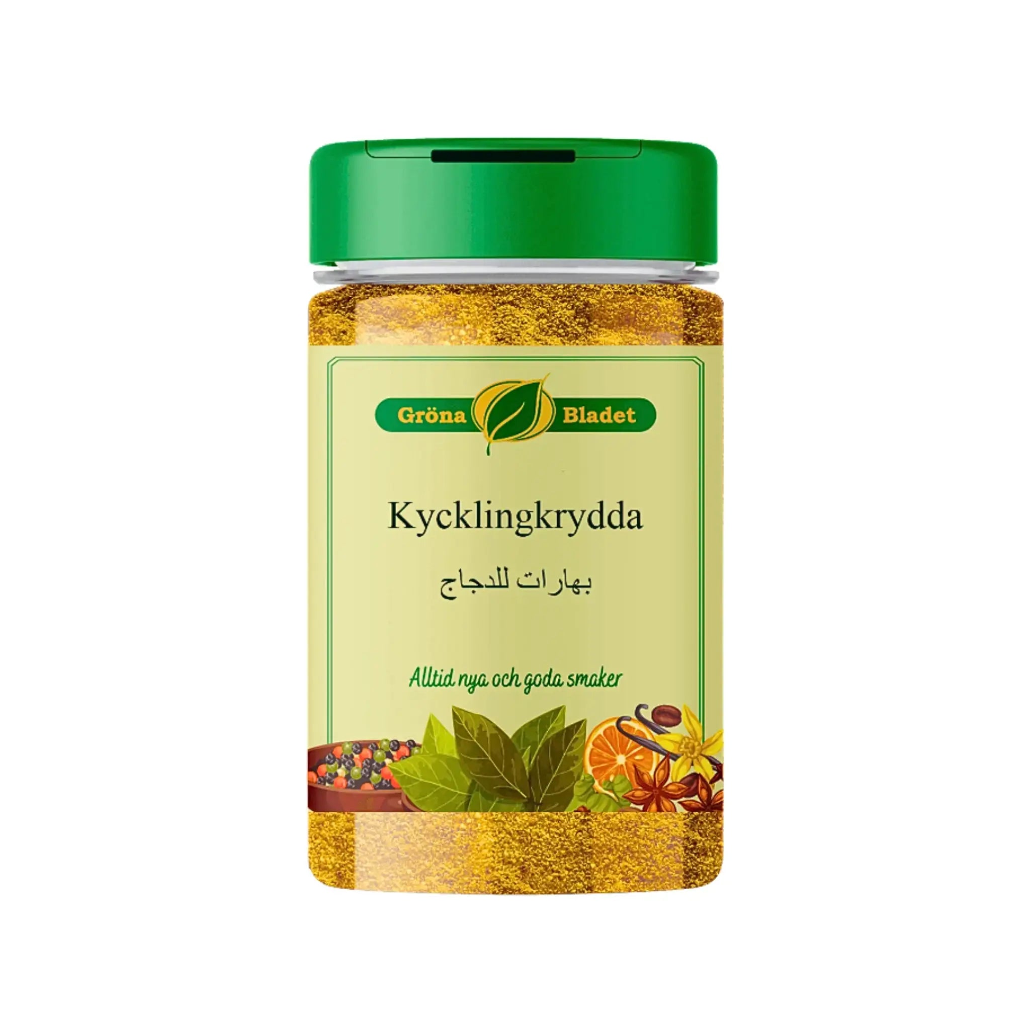Gröna Bladet kycklingkrydda 140g burk, orientalisk krydda med grön lock och illustrerade kryddor på etiketten