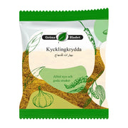 Gröna Bladet kycklingkrydda 40g påse med illustrationer av vitlök och peppar på förpackning