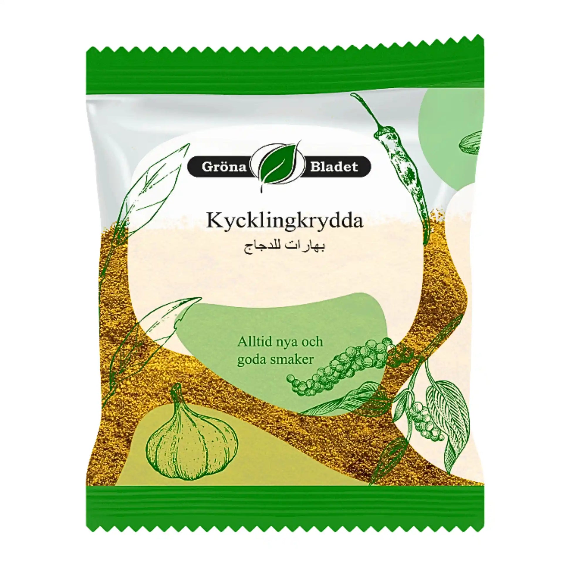 Gröna Bladet kycklingkrydda 40g påse med illustrationer av vitlök och peppar på förpackning