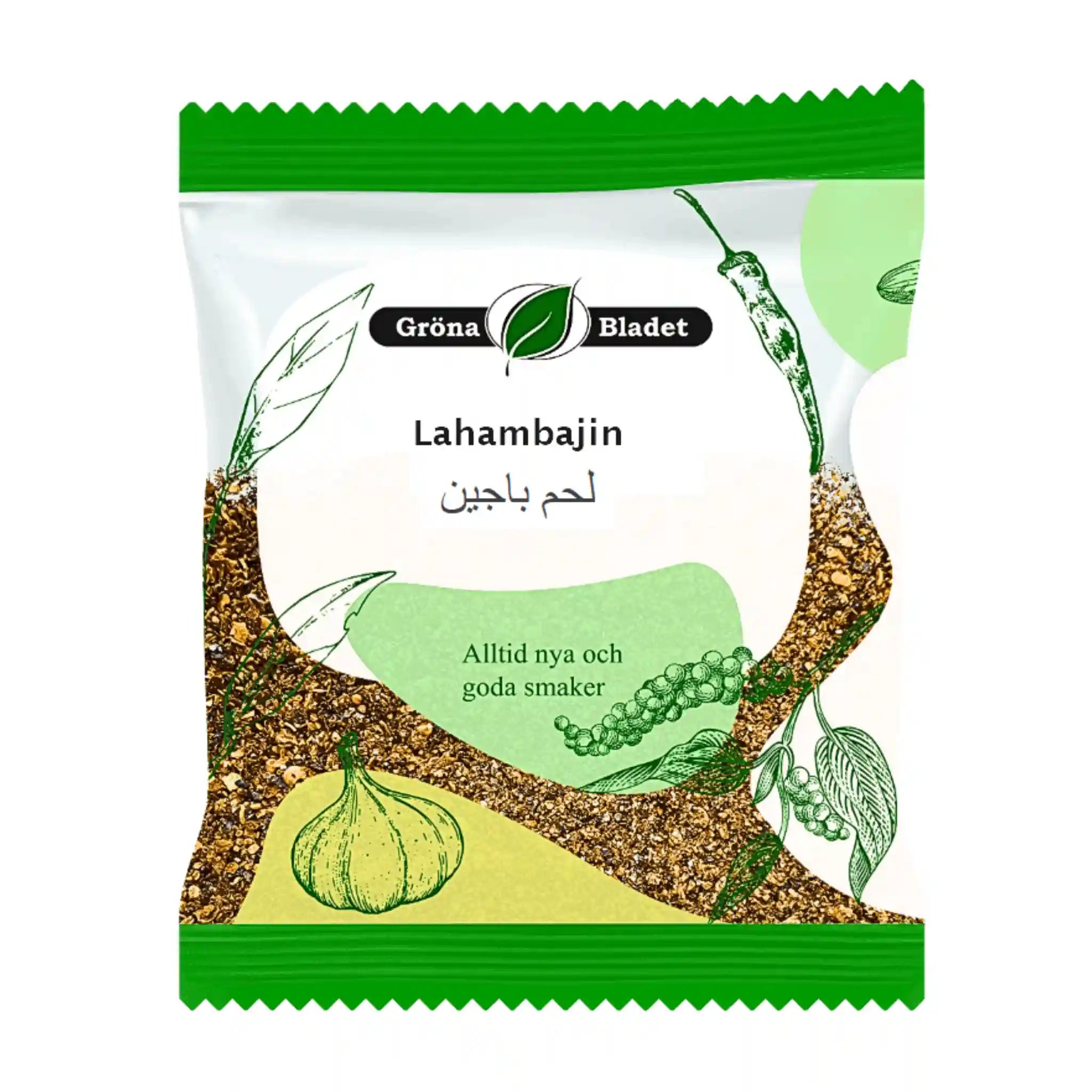 Lahambajin kryddmix 40g i grön och vit påse med vitlök och örter, orientaliska kryddor.