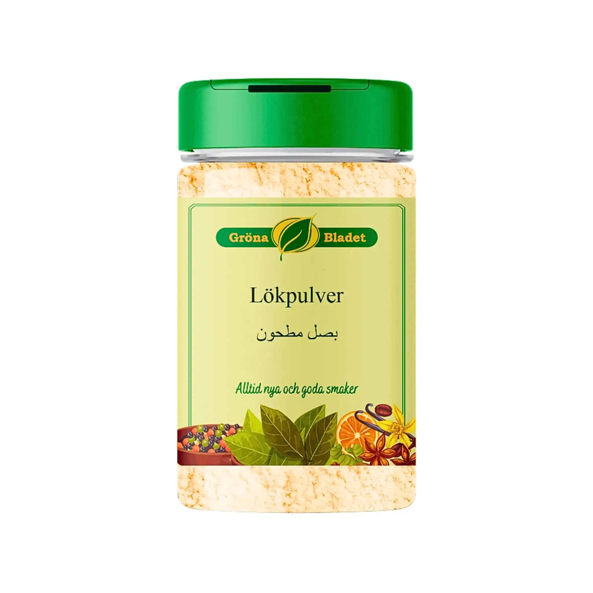 Burk med Grona Bladet lökpulver 150g, orientaliskt krydda med grön etikett.