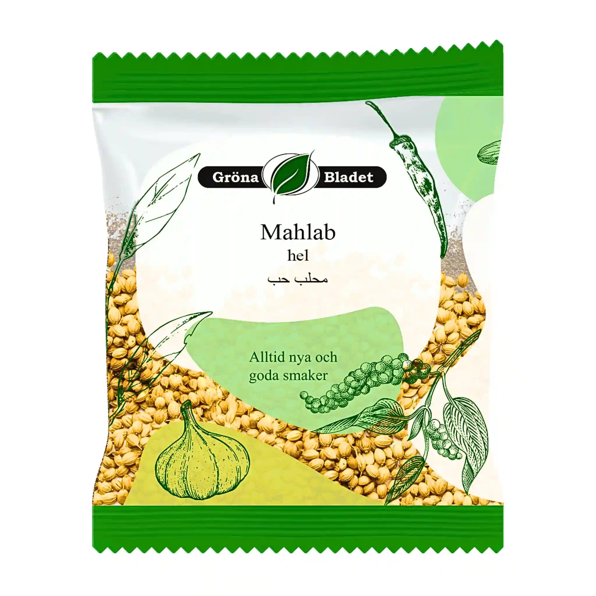 Påse med hela Mahlab-kärnor, orientaliska kryddor, illustrerade örter, grön topp