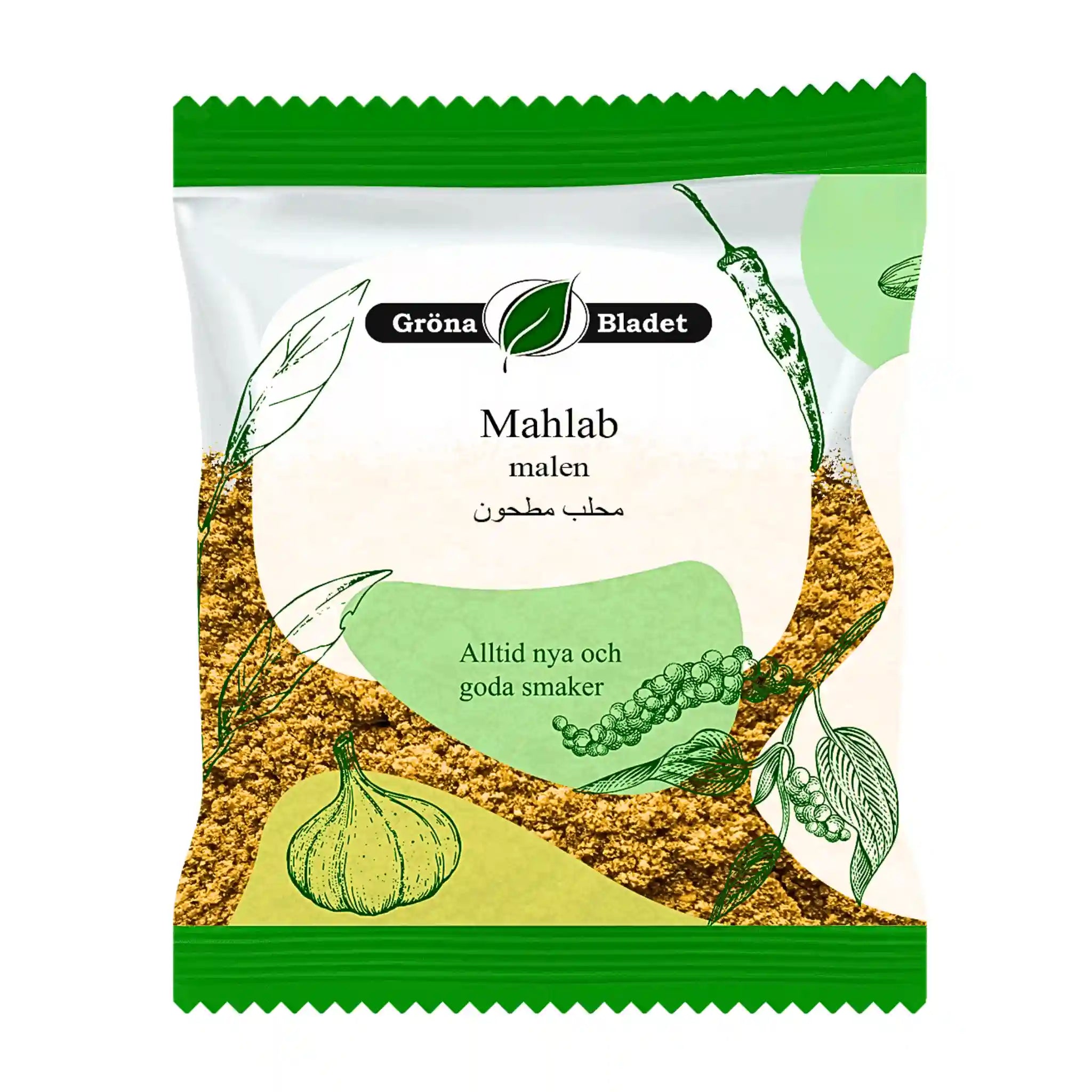 Gröna Bladet Mahlab malen krydda 30g, orientaliska kryddor, förpackning med örter och vitlök