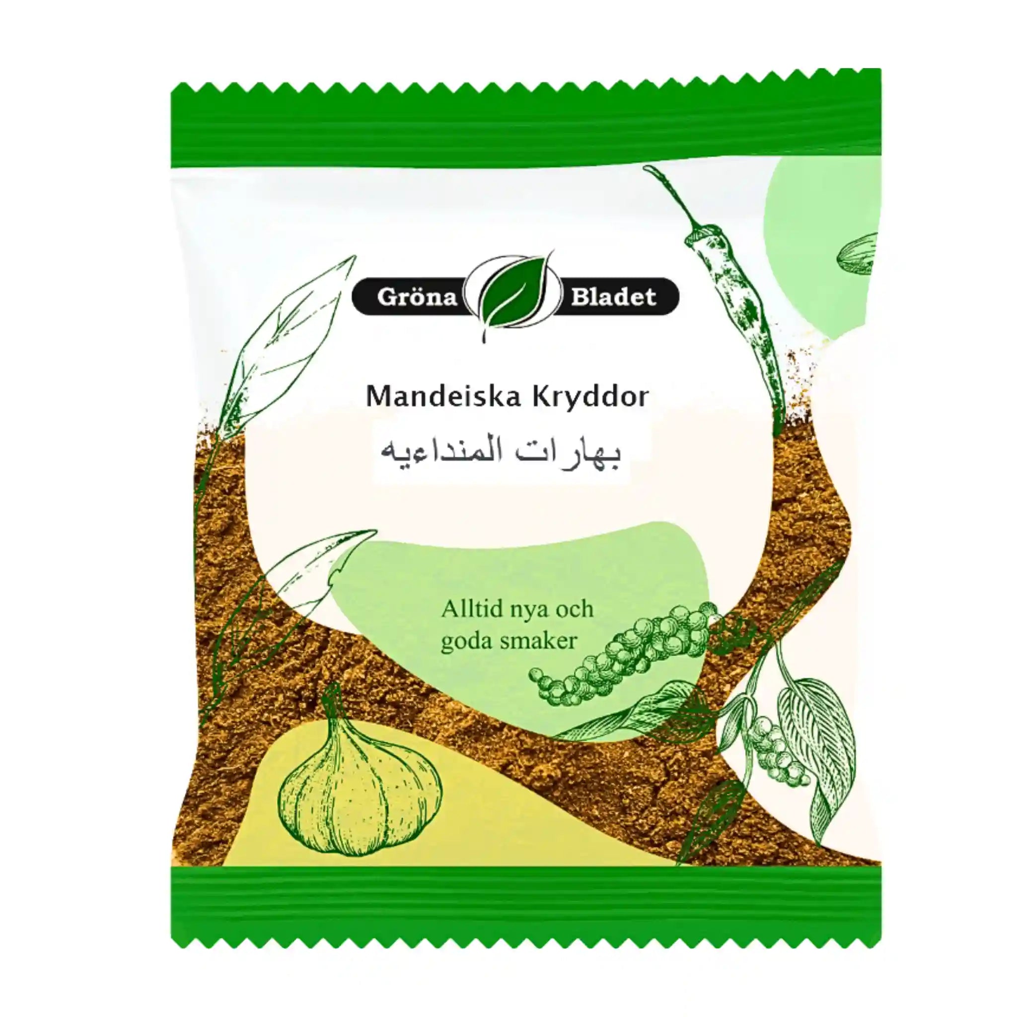 Gröna Bladet Mandeiska Kryddor 40g kryddmix i vit och grön förpackning med örter illustrerade.