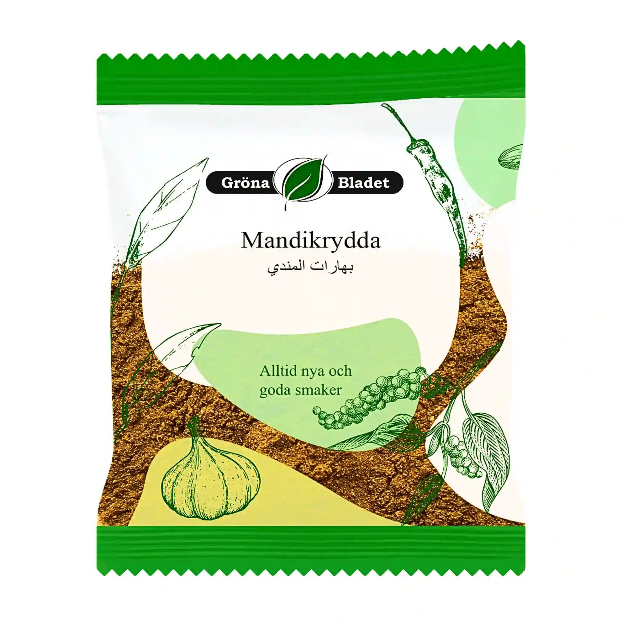 Gröna Bladet Mandikrydda 40g påse med illustrerade kryddor, orientaliska smaker.