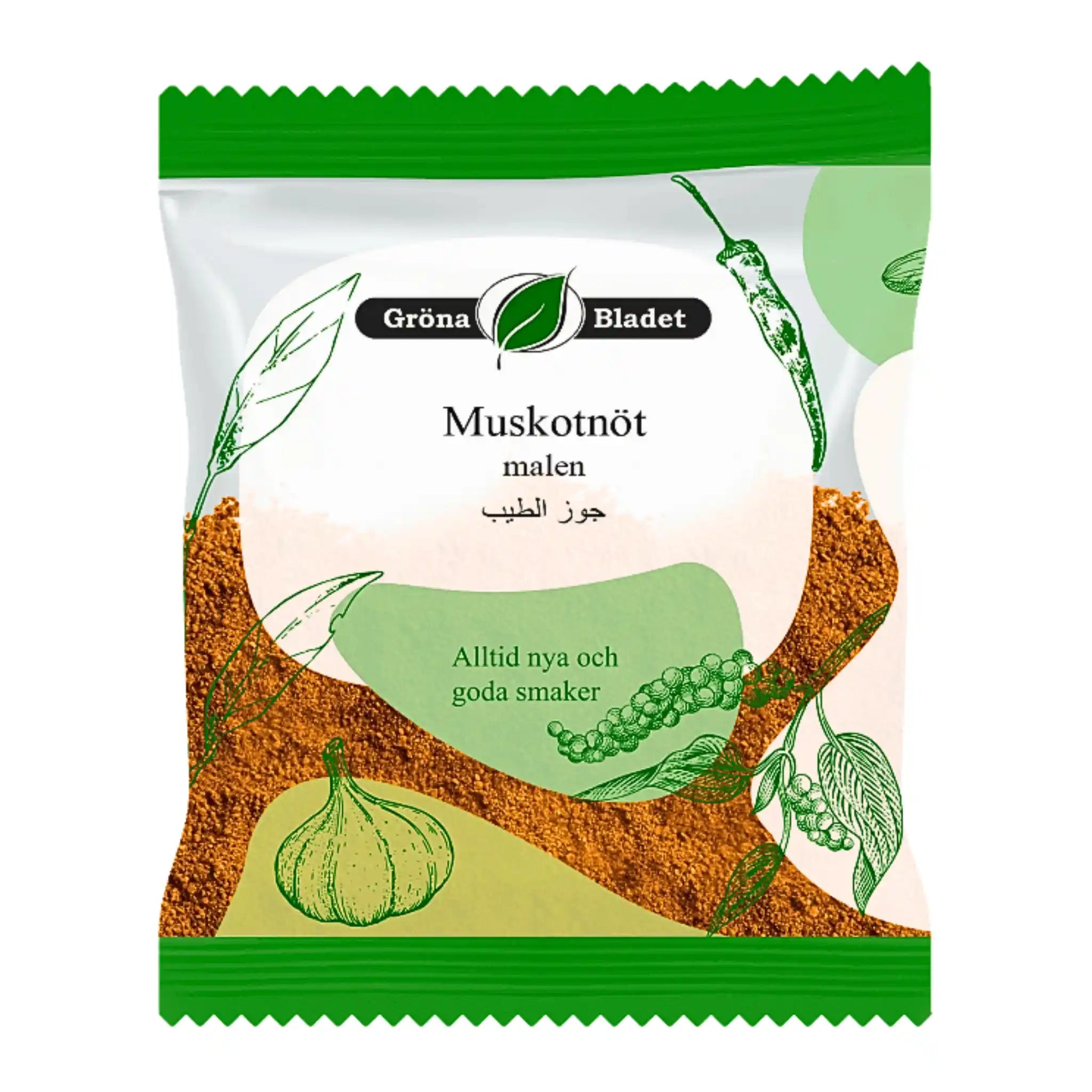 Påse med mald muskotnöt, orientaliska kryddor, grönt och vitt förpackning, 40g.