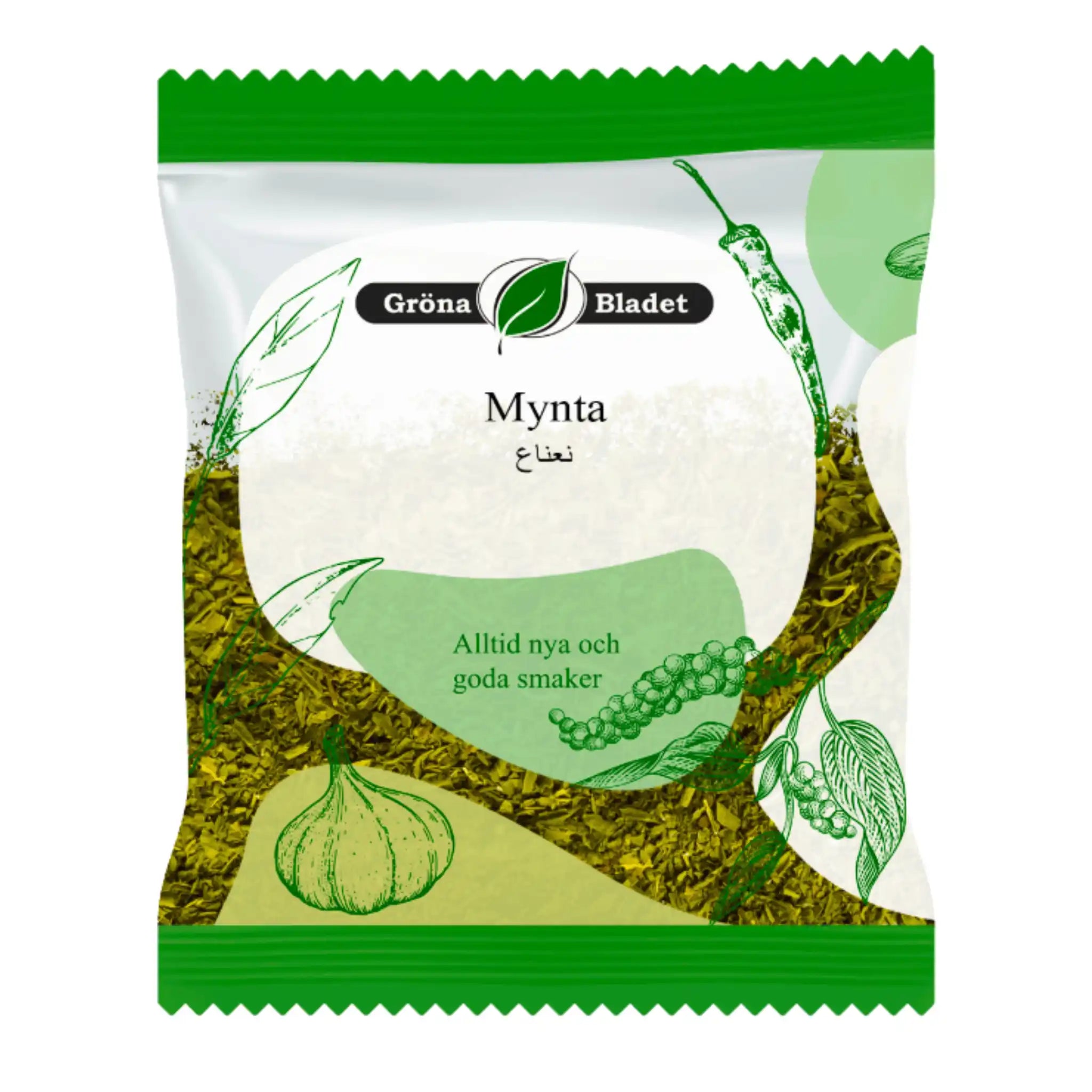 Förpackning med torkad mynta, gröna växtillustrationer, texten 'Mynta' och transparent fönster.