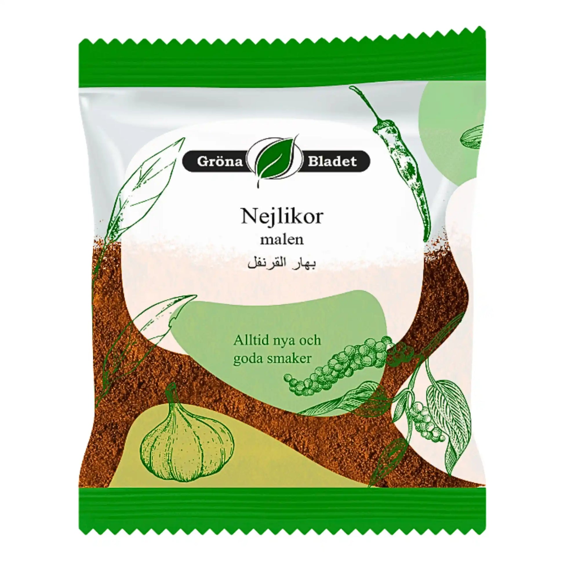 Förpackning med malda nejlikor, orientaliska kryddor, grönt och vitt design, 40g