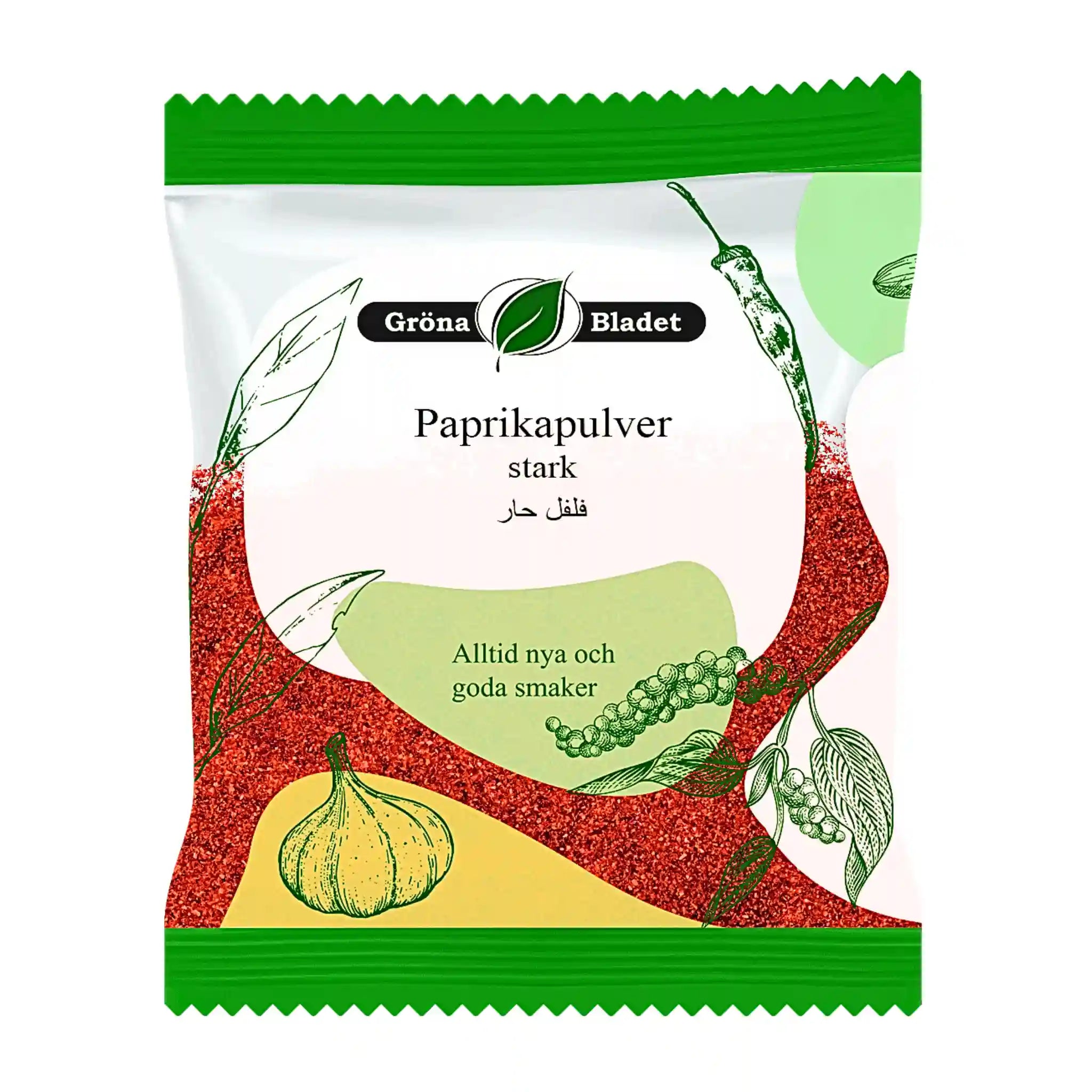 Förpackning starkt paprikapulver 40g, färgglad design med vitlök och chiliillustration.
