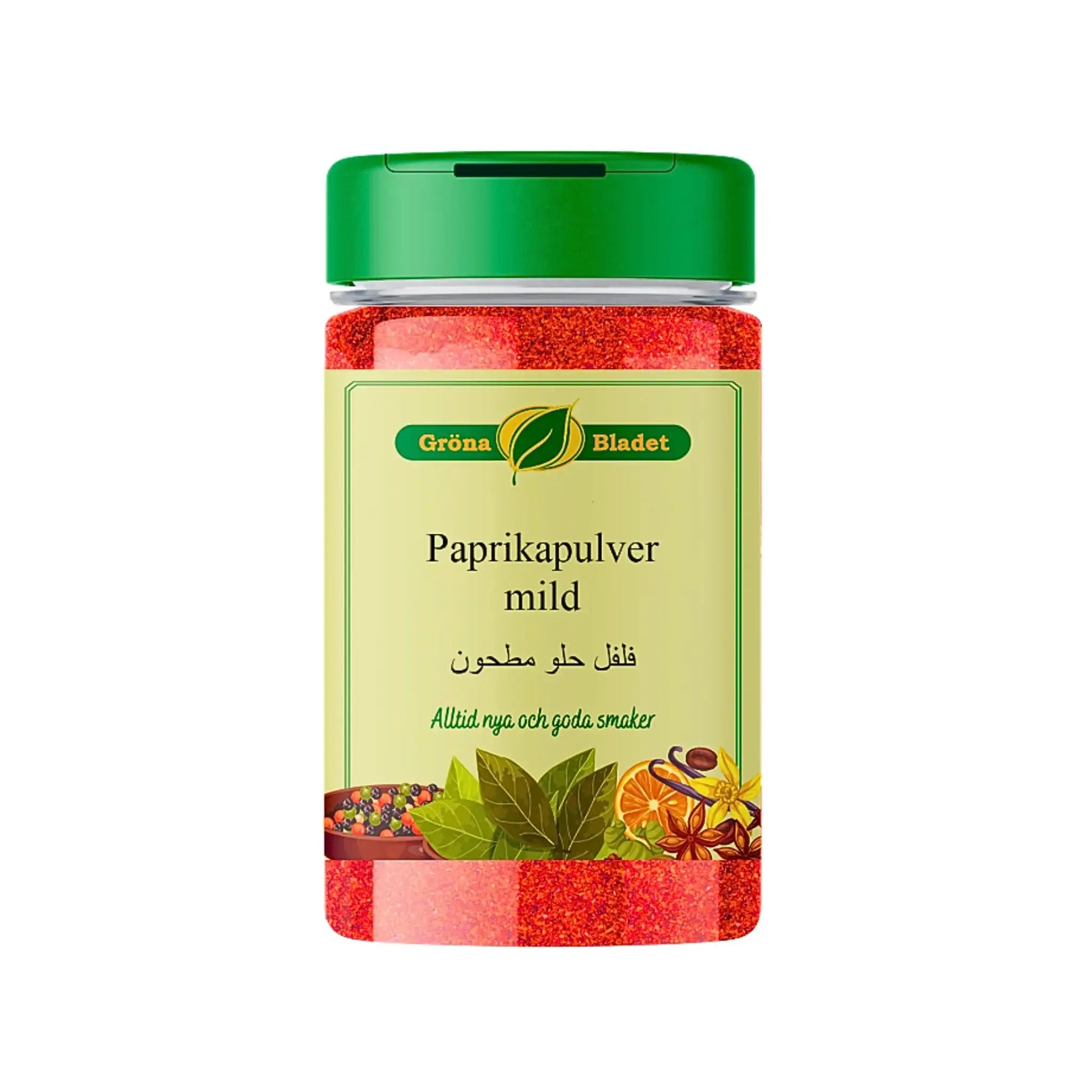 Burk med Grönbladet mild paprikapulver, krydda, 120g, grön lock, vit bakgrund.