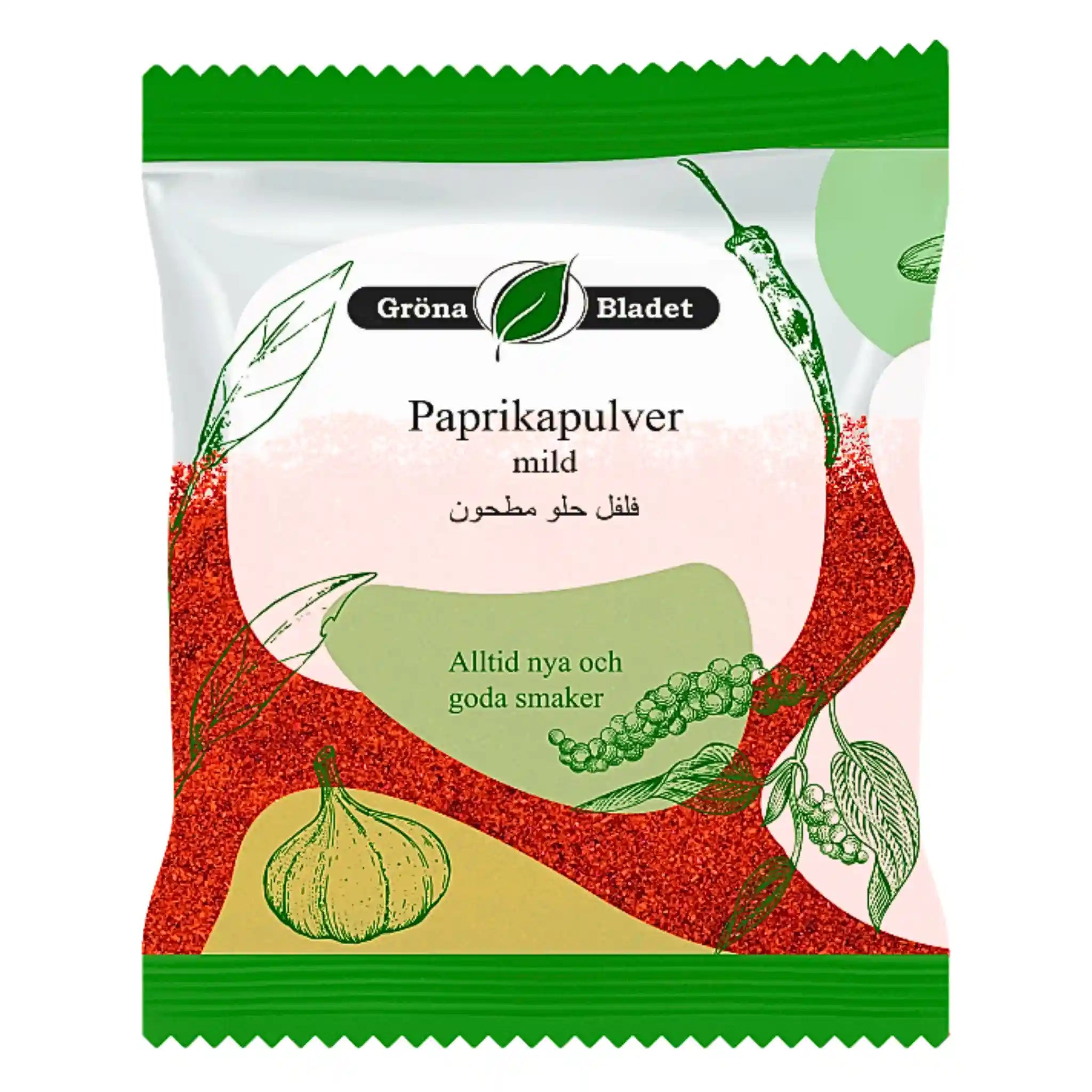 Förpackning av mildt paprikapulver 40g med grön illustration av vitlök och peppar.