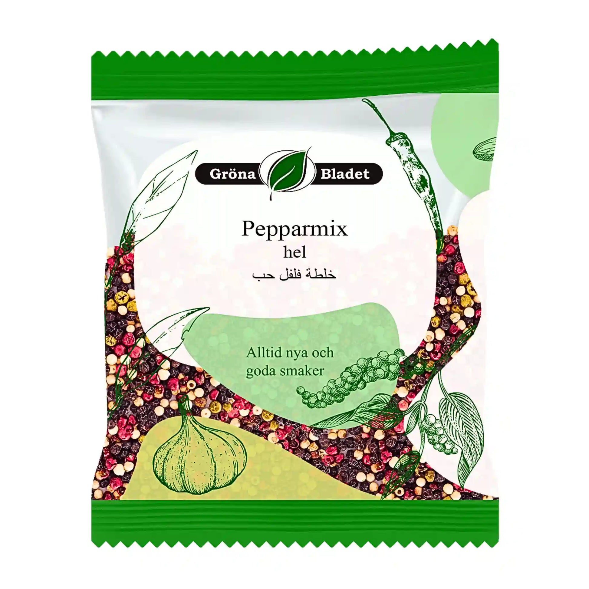 Gröna Bladet pepparmix hel 30g i färgglad förpackning med örter och hela pepparkorn.
