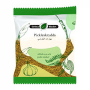 Påse med Gröna Bladet pickleskrydda 40g, illustrerade kryddor och grön vit förpackning.