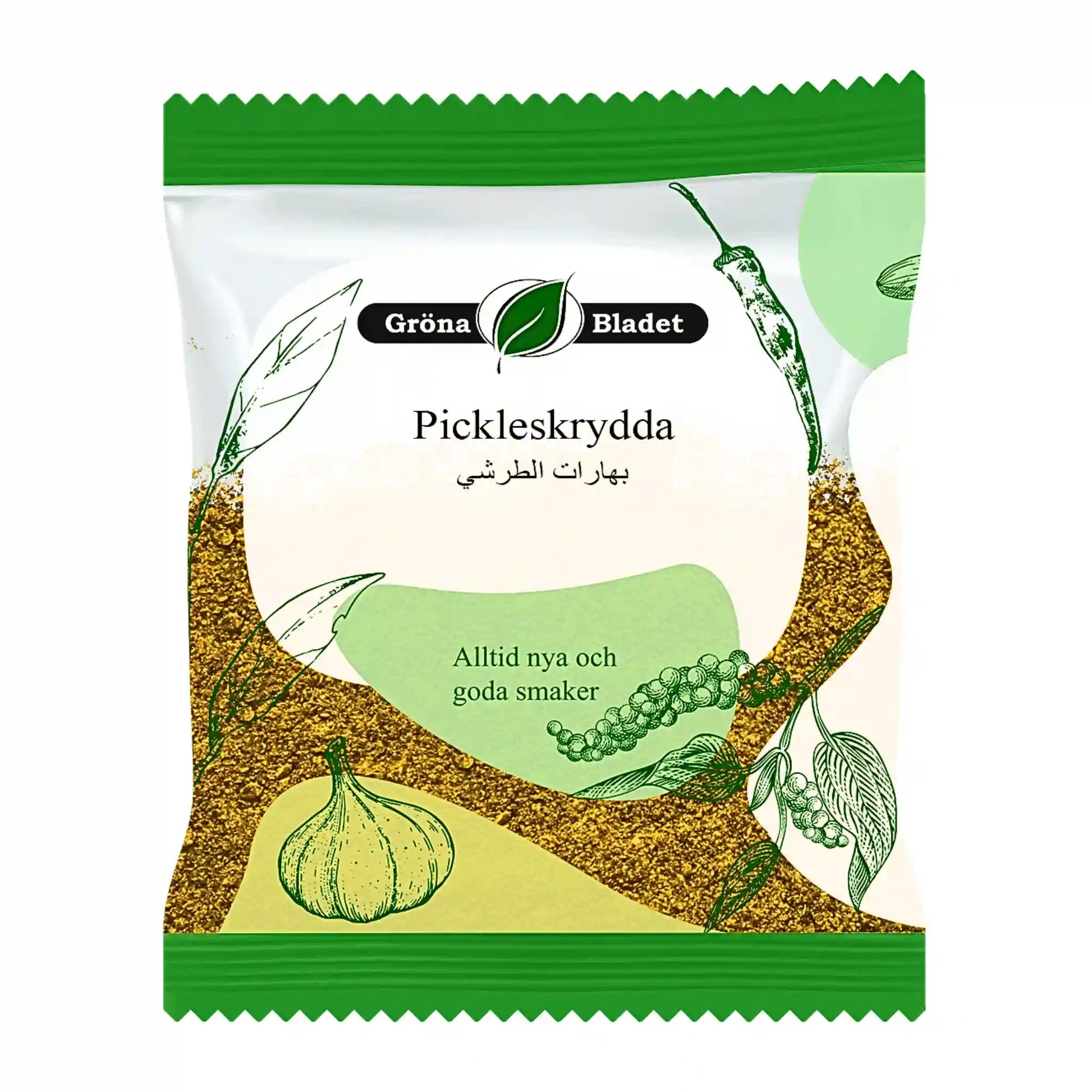 Påse med Gröna Bladet pickleskrydda 40g, illustrerade kryddor och grön vit förpackning.