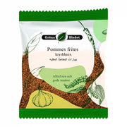 Pommes frites kryddmix i grön förpackning med vitlök och peppar, orientaliska smaker.