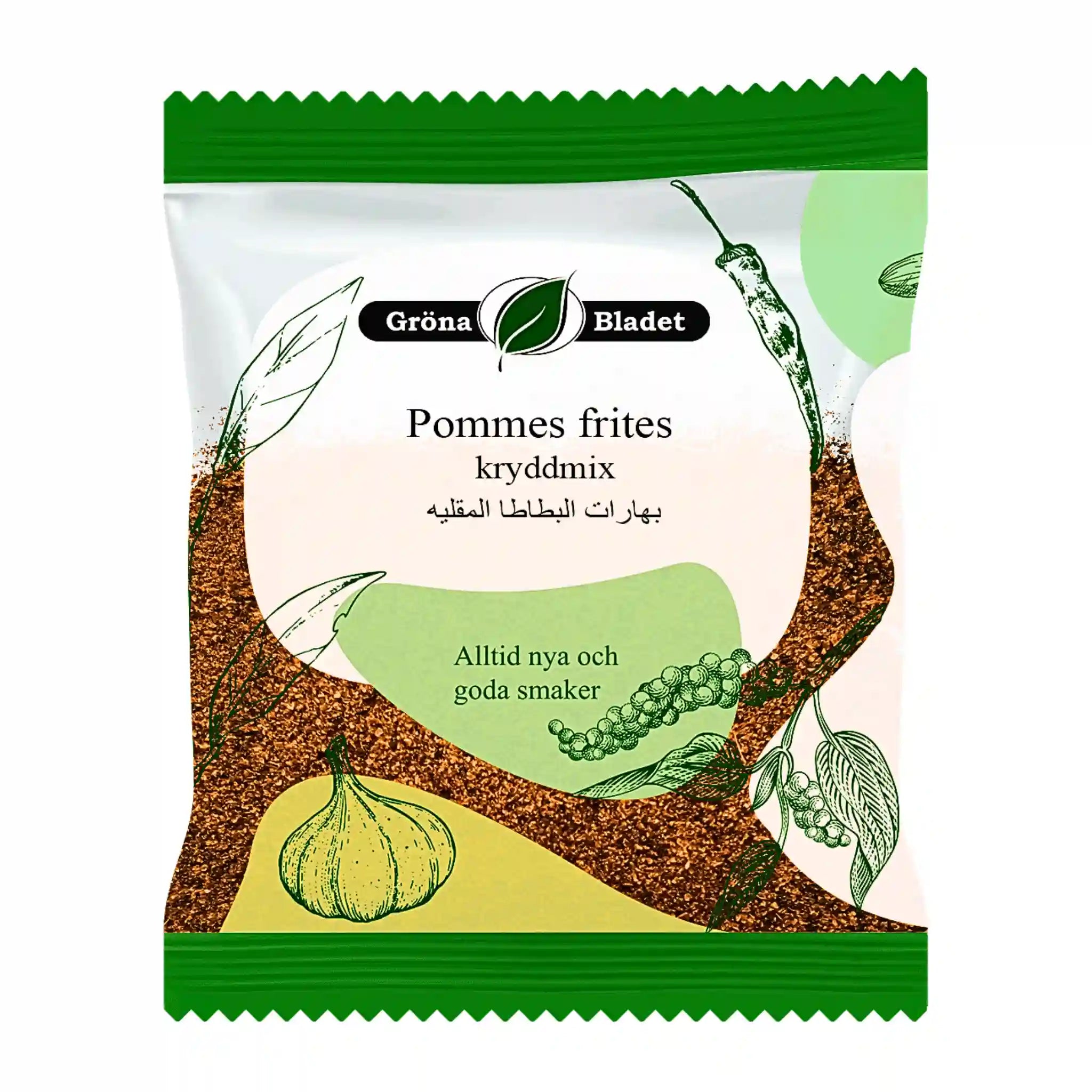 Pommes frites kryddmix i grön förpackning med vitlök och peppar, orientaliska smaker.