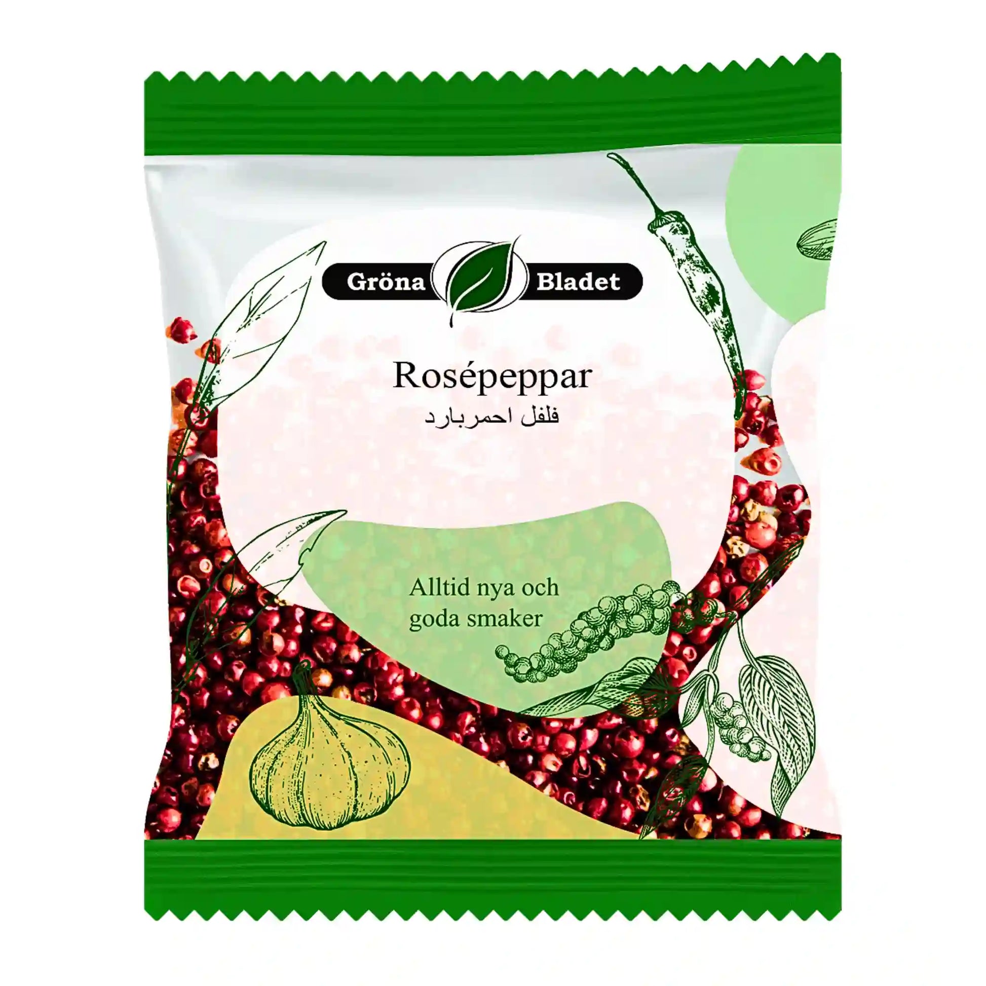 Förpackning med Grönbladet rosépeppar 25g, illustrationer av kryddor, vit bakgrund.