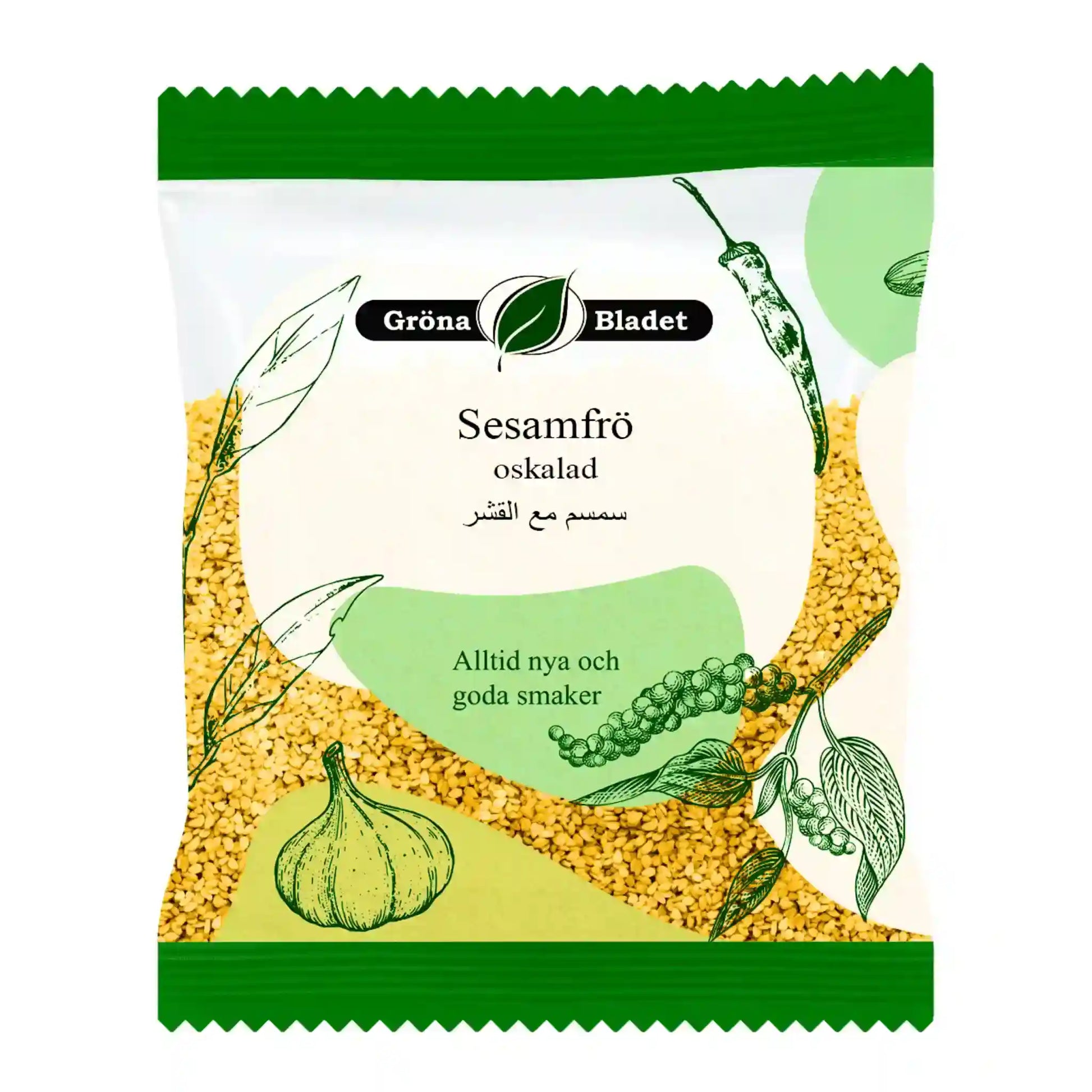 Påse med oskalade sesamfrön, grönt och vitt förpackningsdesign, orientaliska kryddor.