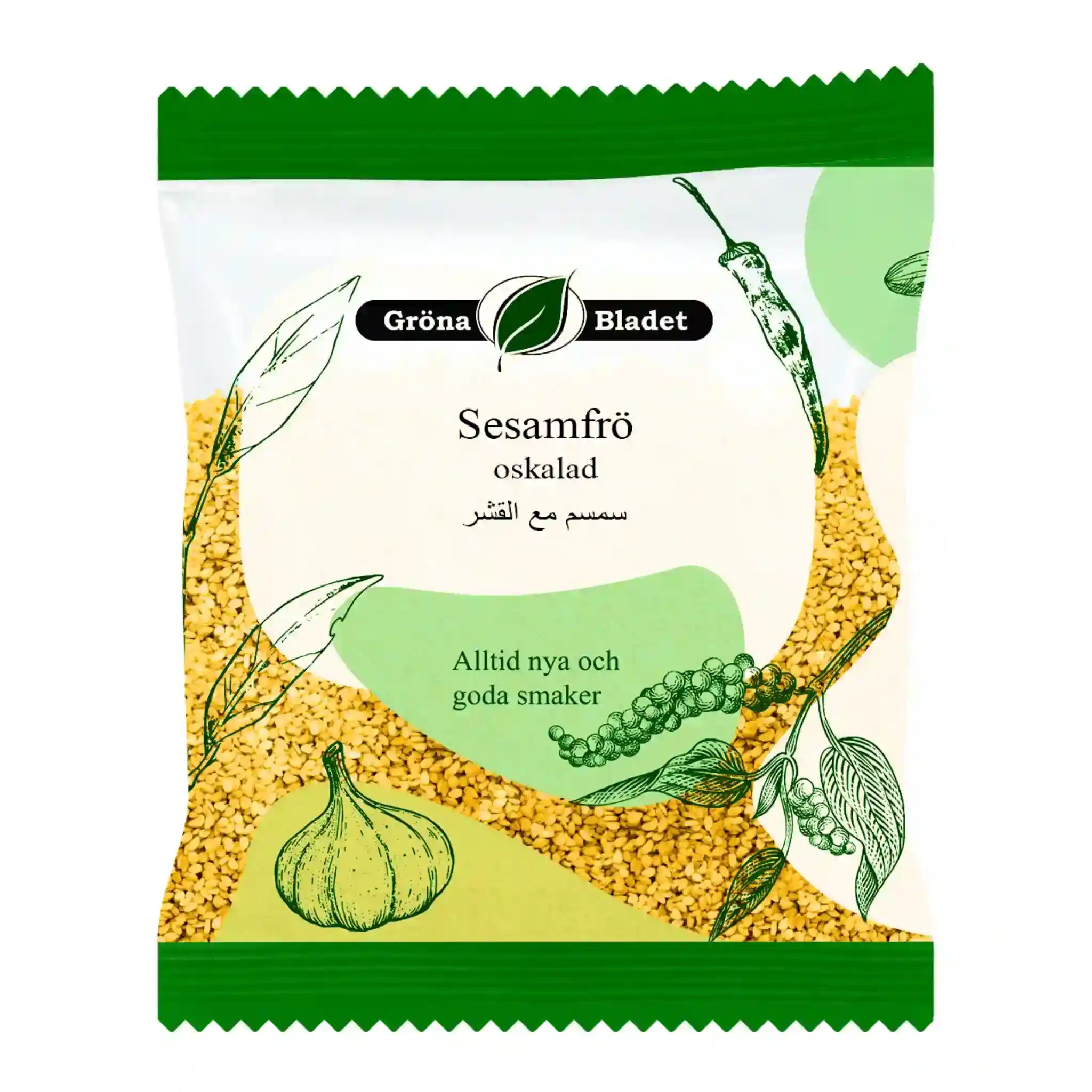 Påse med oskalade sesamfrön, grönt och vitt förpackningsdesign, orientaliska kryddor.