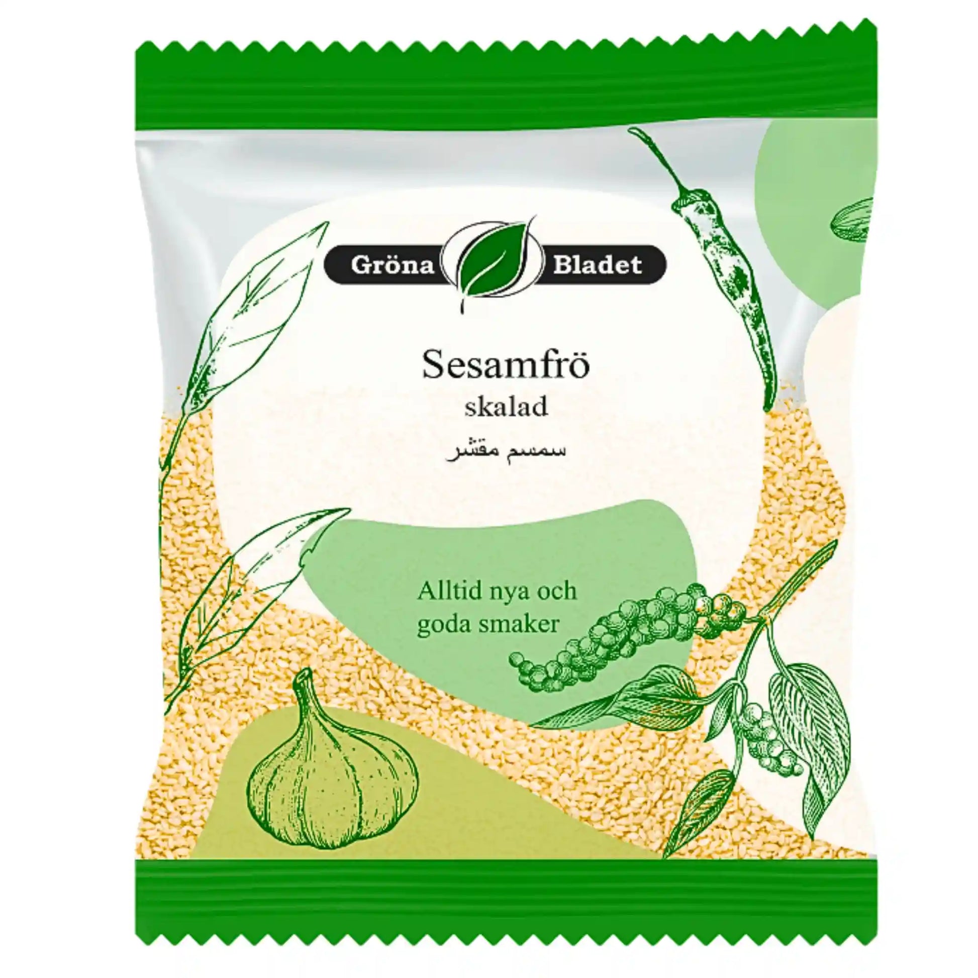 Påse med skalade sesamfrön, gröna illustrationer av kryddor, produktförpackning