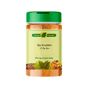 Burk med Gröna Bladet Sju Kryddor 120g med grön lock, orientaliskt kryddmix etikett.