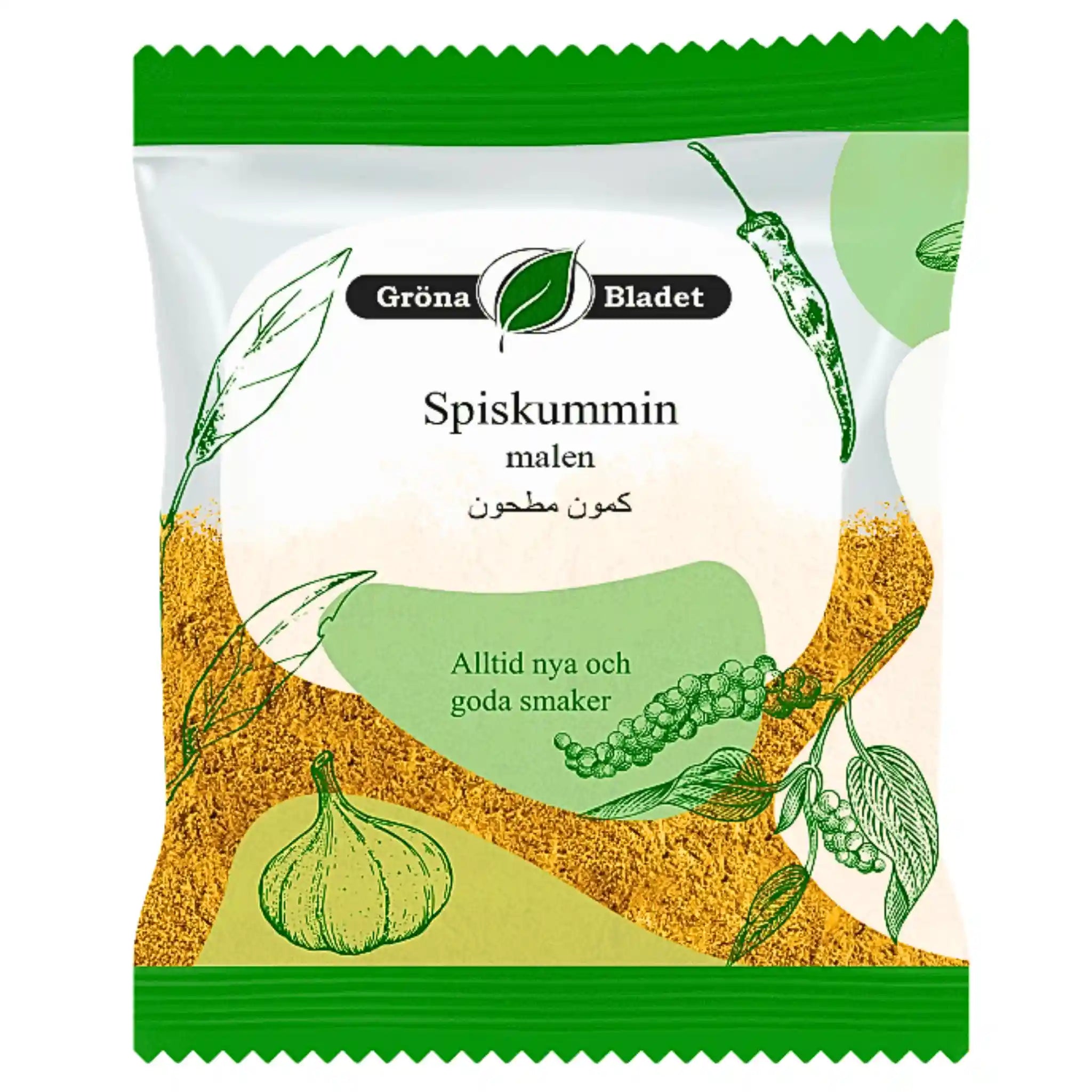 Förpackning med mald spiskummin, orientaliskt krydda, tecknade växter och örter på etiketten.