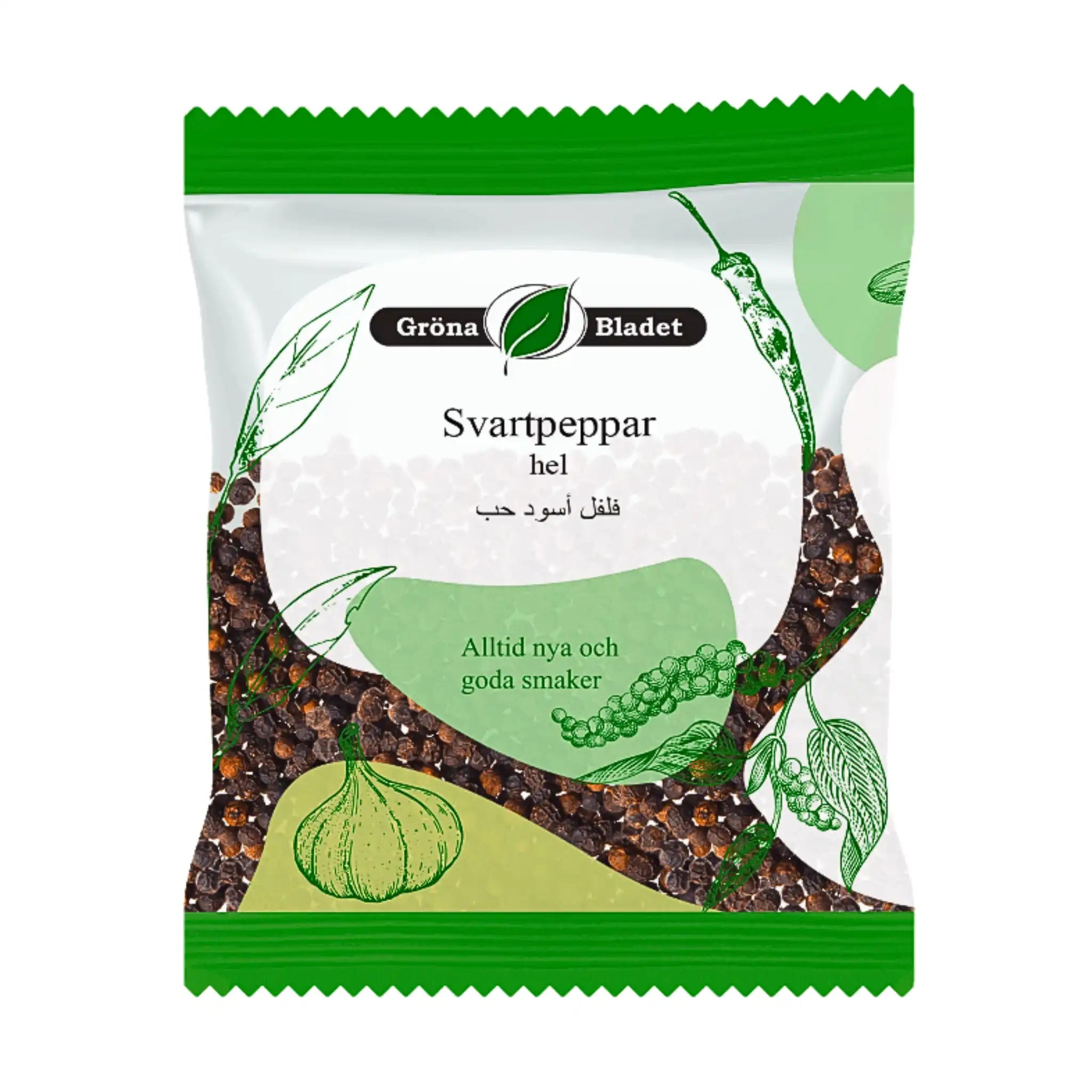 Förpackning med hel svartpeppar, illustrerad svartpeppar, grön och vit design.