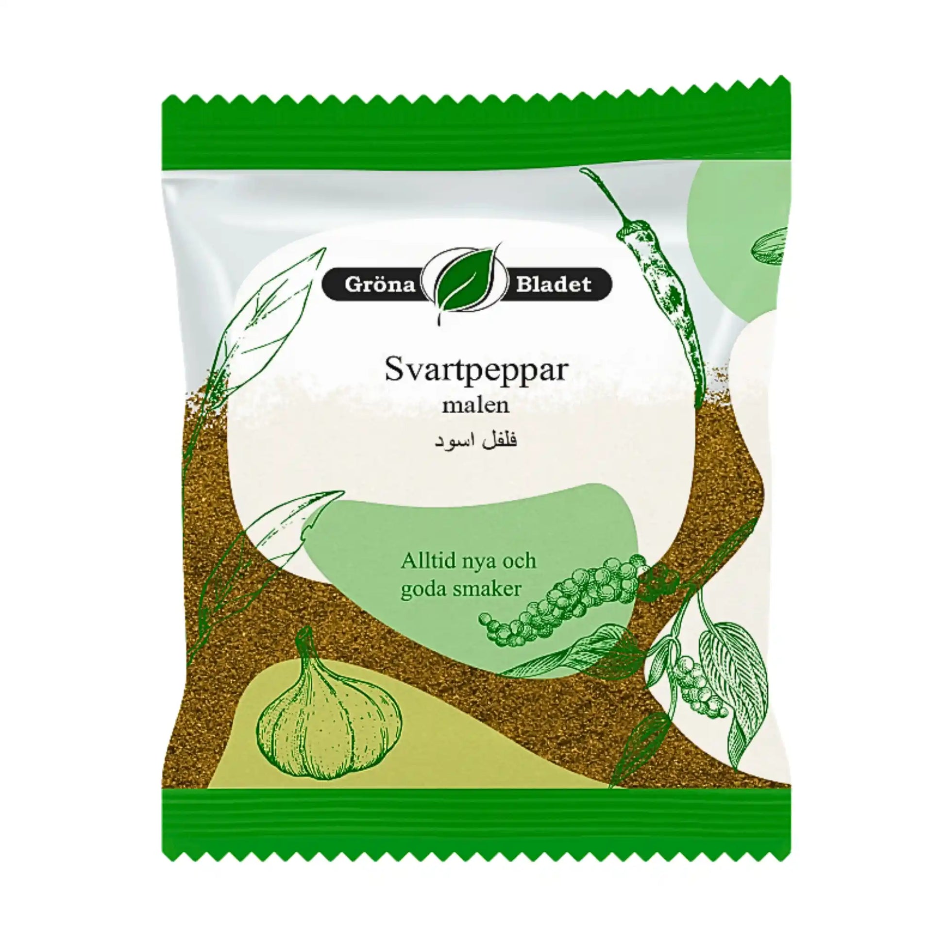 Förpackning med malen svartpeppar, gröna blad och svartpepparkorn, orientaliska kryddor.