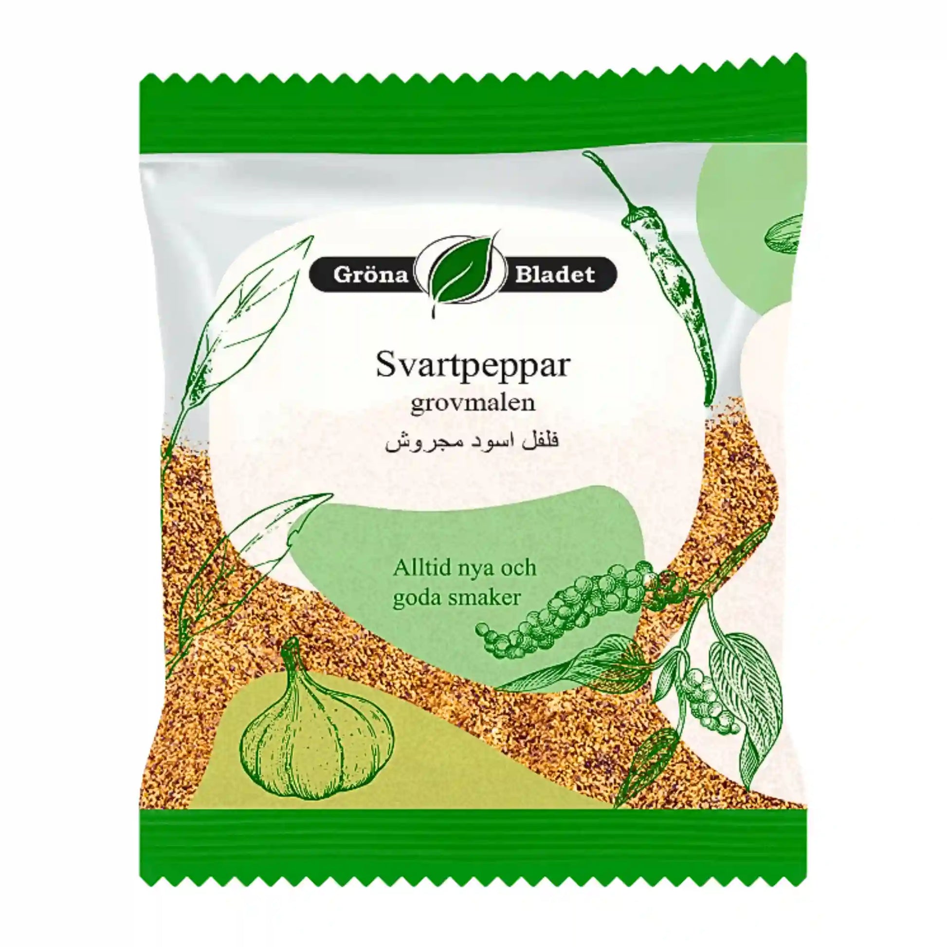 Förpackning med grovmalen svartpeppar, illustration av växter och kryddor på vit bakgrund.