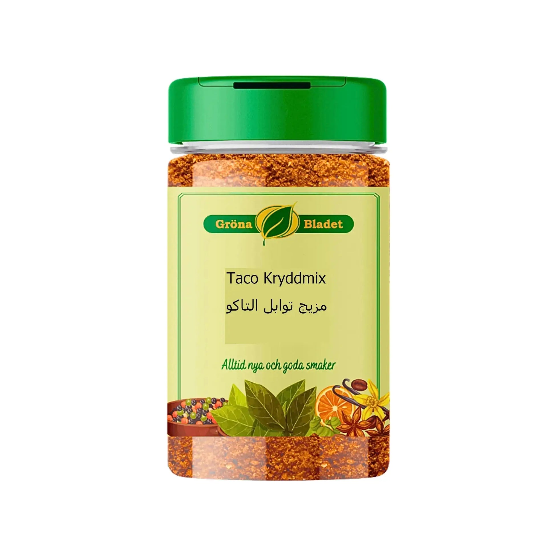 Burk med Gröna Bladet Taco Kryddermix 120g, orientaliska kryddor mot vit bakgrund