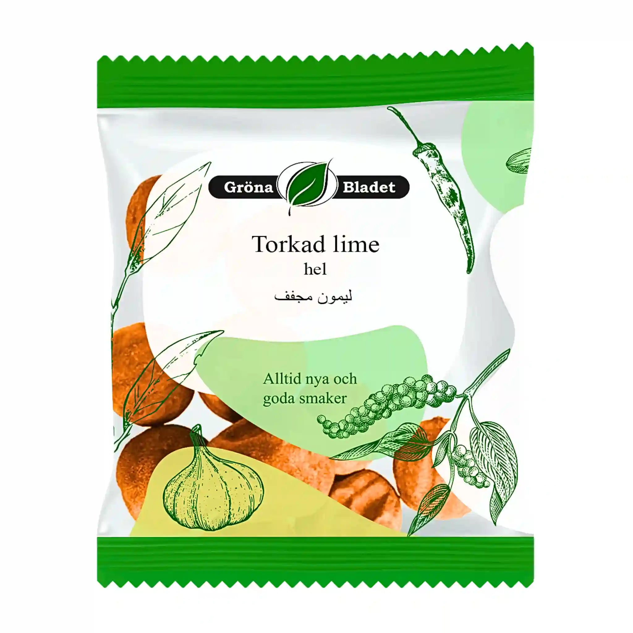 Påse med hela torkade lime, illustrerad med kryddor och tydlig text på förpackning.