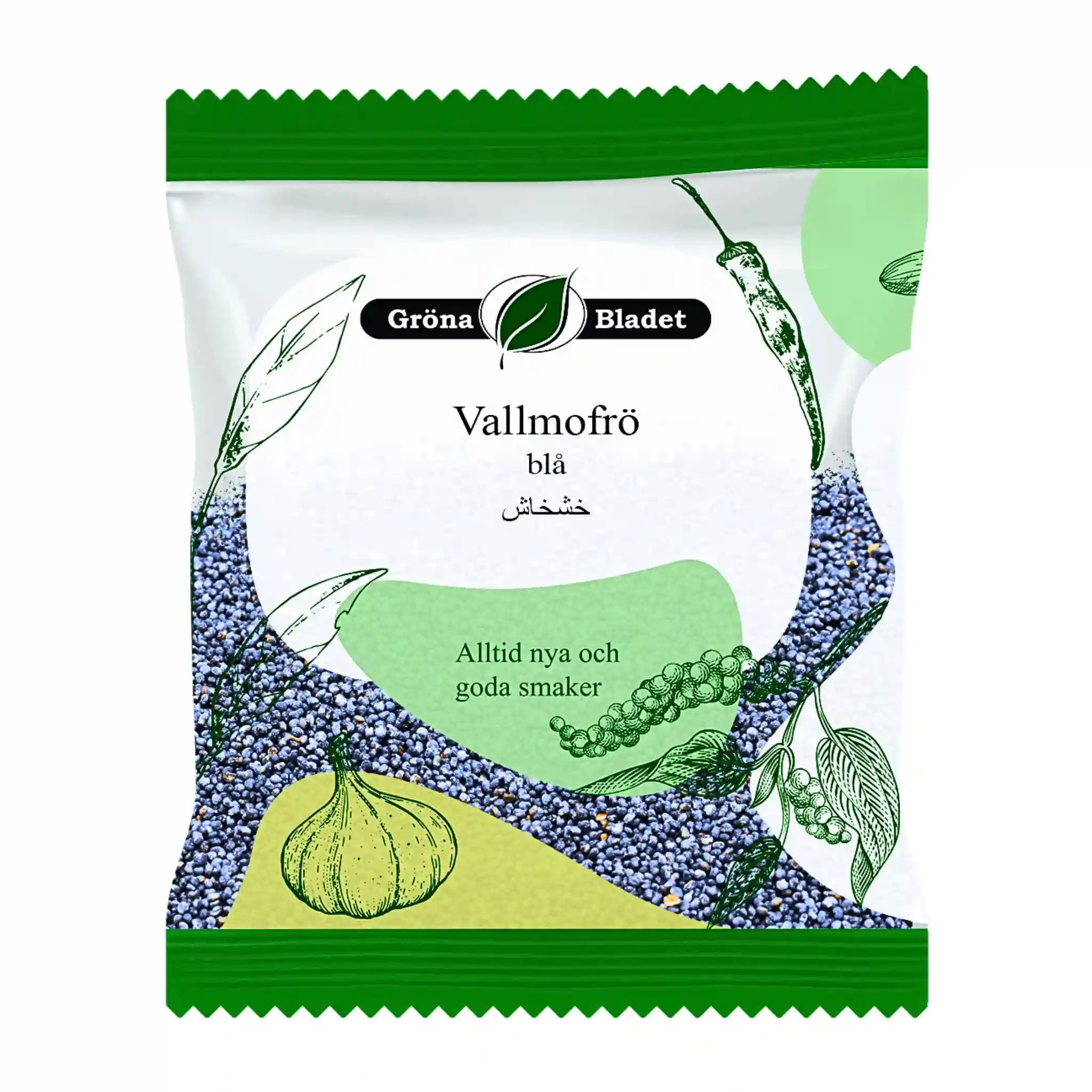 Förpackning med blå vallmofrö, illustrerad med örter och klara färger.