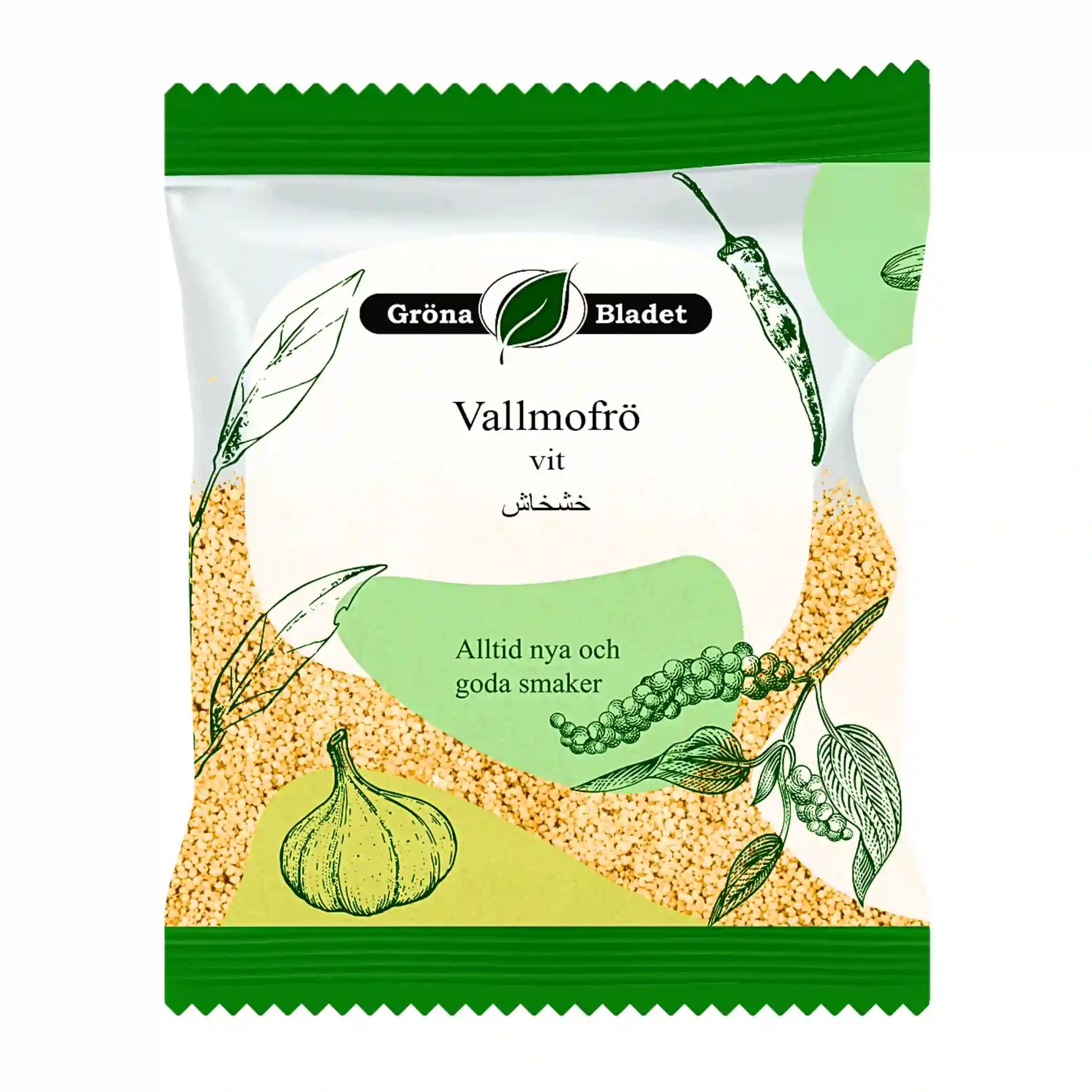 Förpackning med vita vallmofrön, illustrationer av vitlök och kryddor, orientaliska smaker.