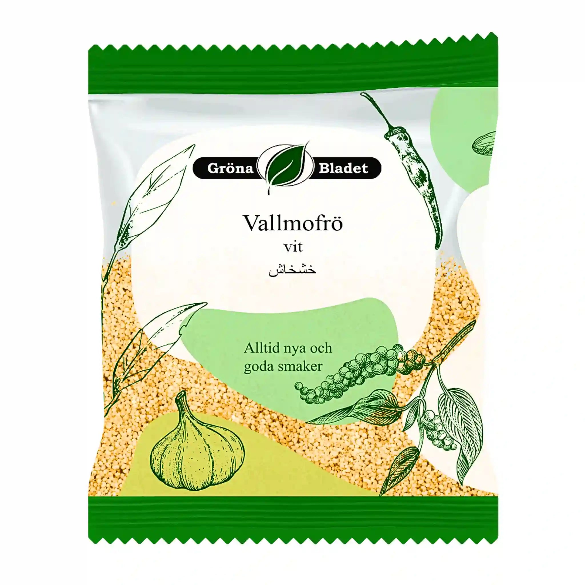 Förpackning med vita vallmofrön, illustrationer av vitlök och kryddor, orientaliska smaker.