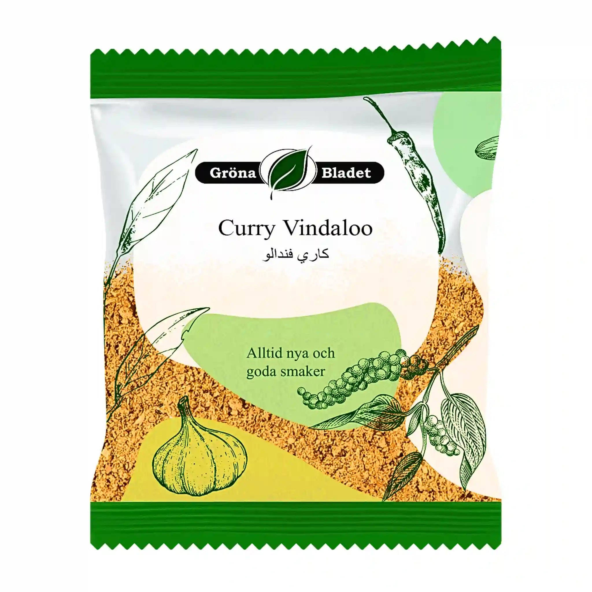 Förpackning med Curry Vindaloo kryddmix, illustrationer av vitlök och kryddor på påsen.