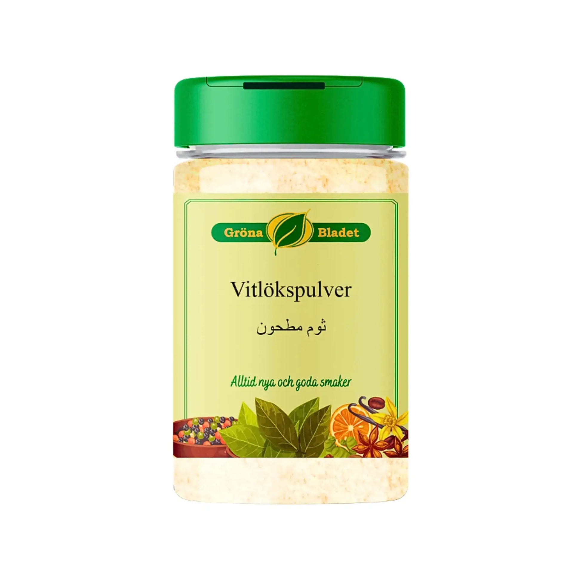 Gröna Bladet vitlökspulver 150g kryddburk med grön lock och illustrerade kryddor