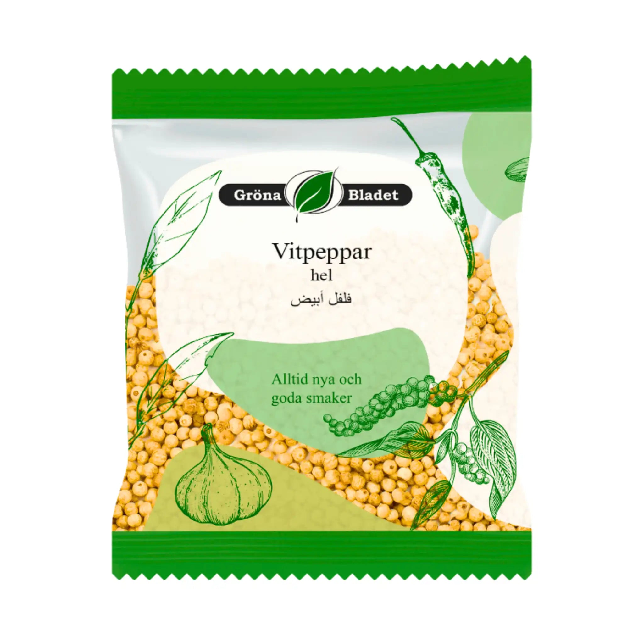 Förpackning med hela vitpepparkorn, illustrationer av pepparplanta och vitlök, grön design.