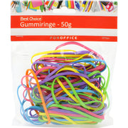 Flerfärgade gummiband i förpackning, 50g kontorstillbehör.
