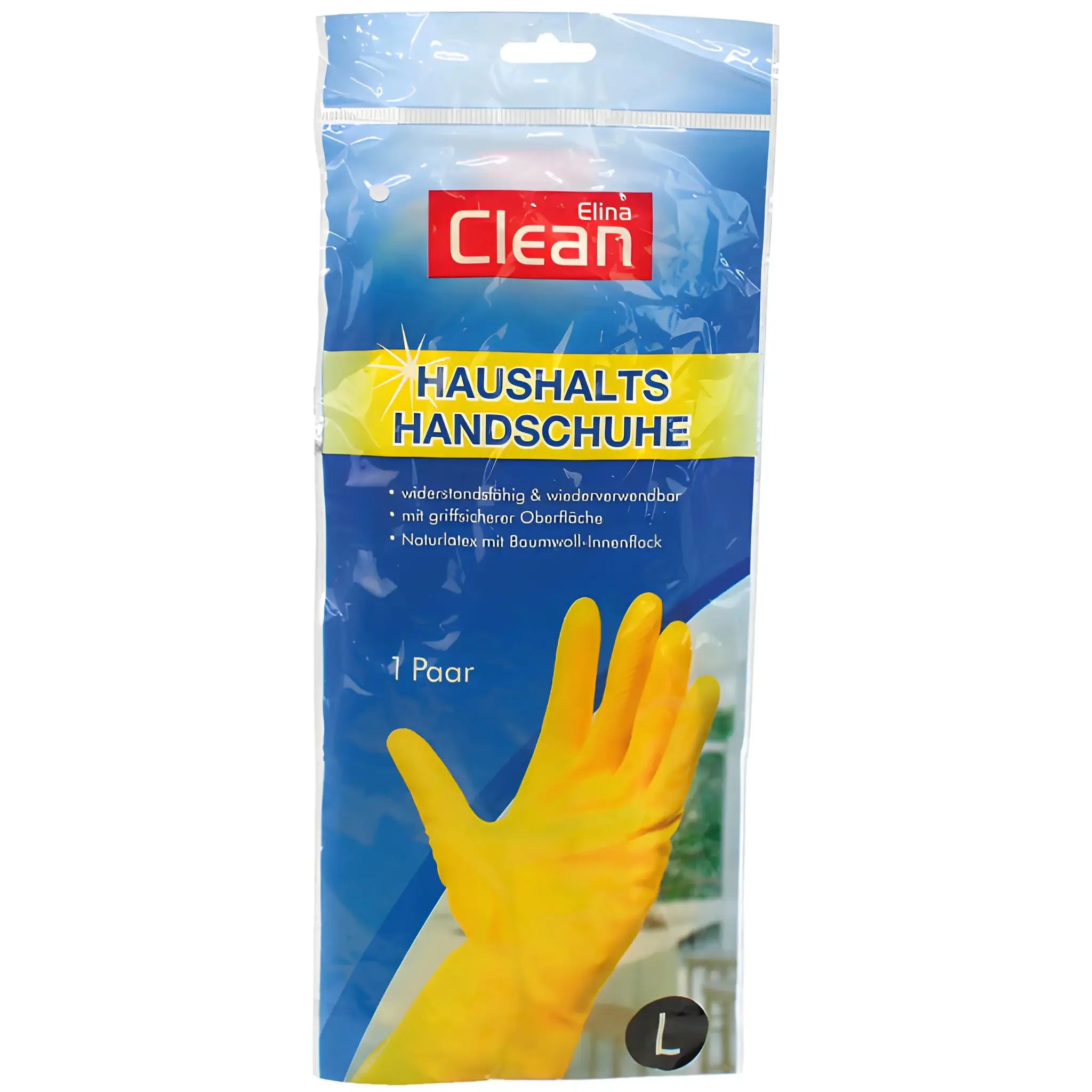 Förpackning med gula städgummihandskar i storlek L, hushållshandskar i latex.