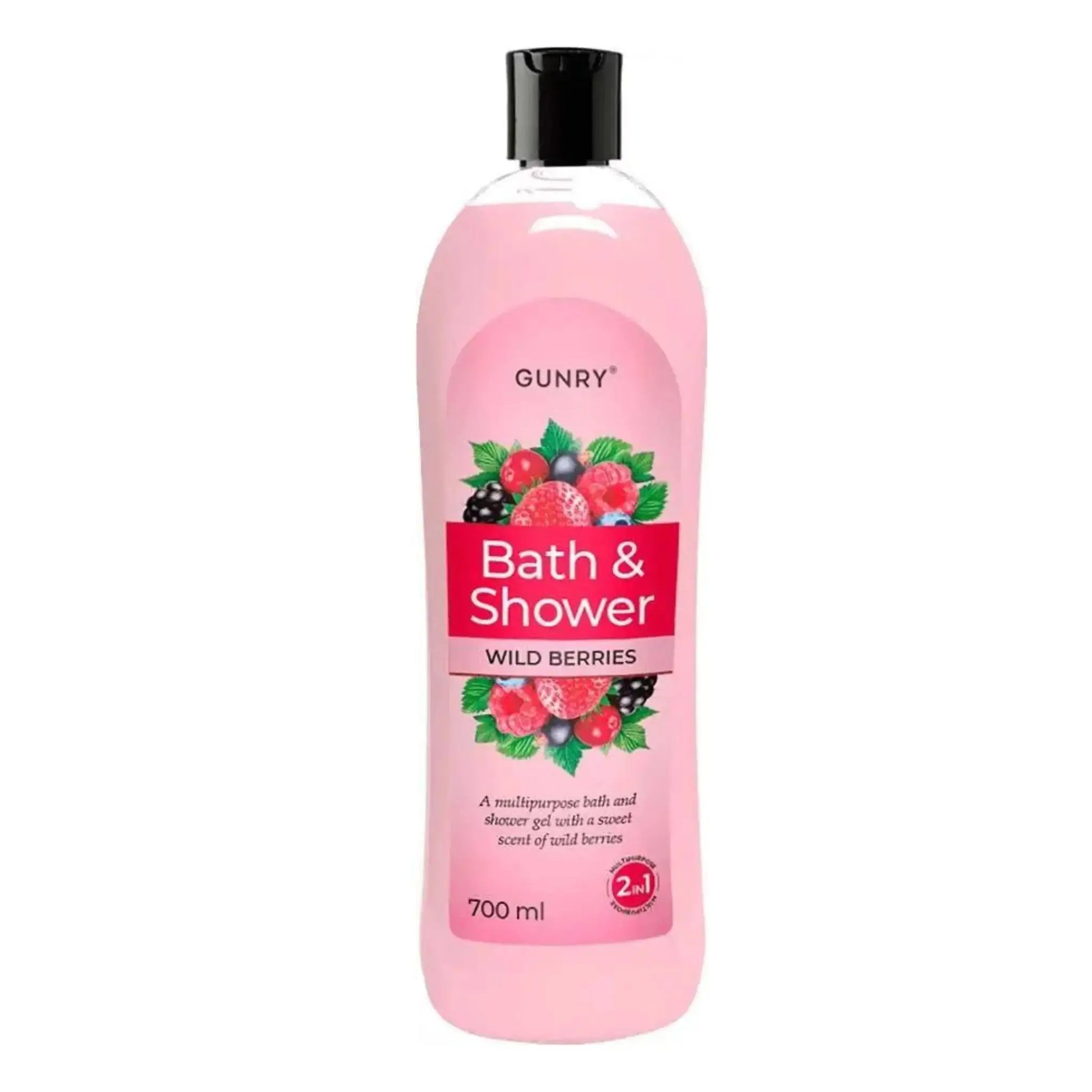 Rosa flaska med Gunry Bath & Shower gel Wild Berries, 700 ml, bär och gröna blad på etiketten.