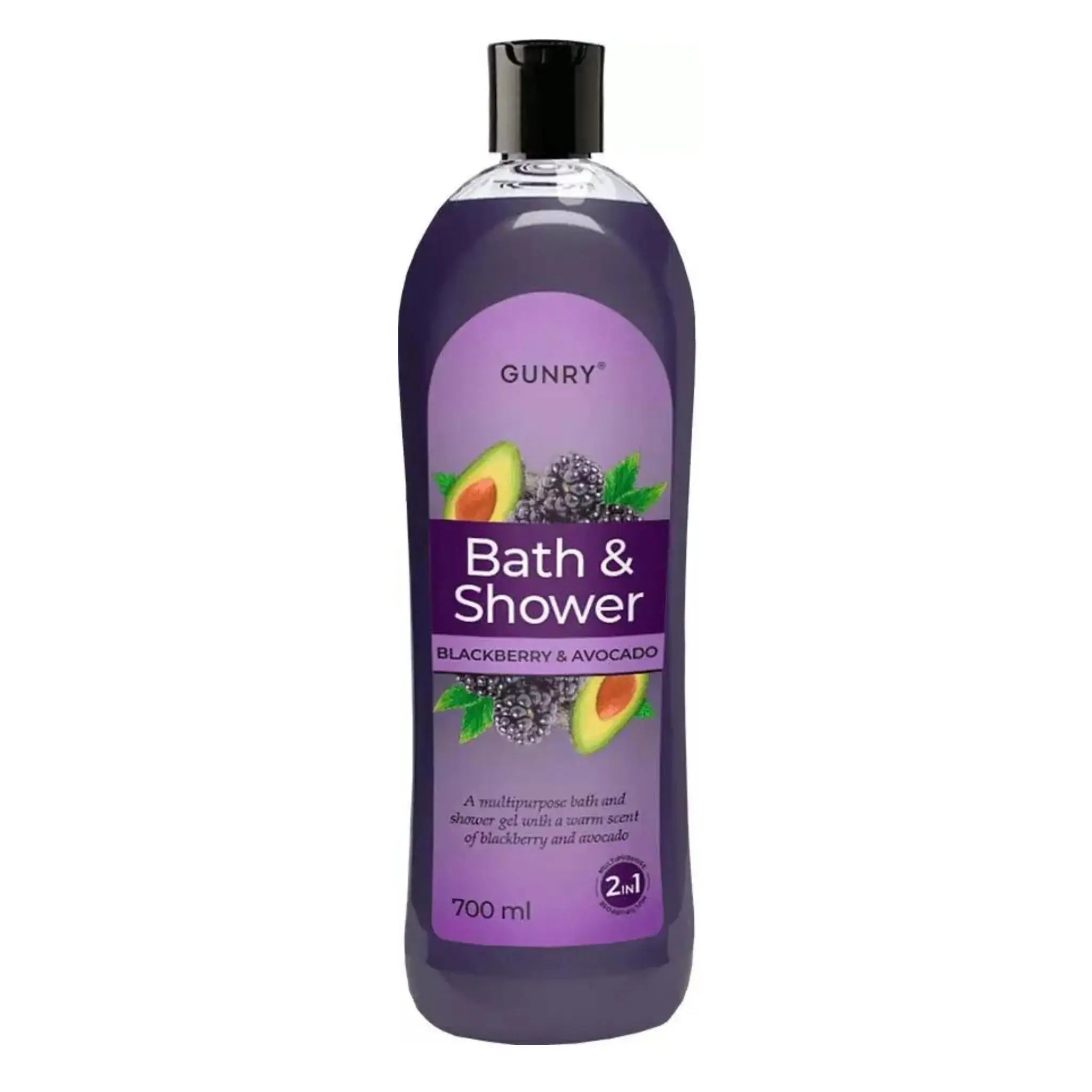 Flaska Gunry Bath & Shower björnbär och avokado 700 ml, lila design för bad och duschgel.