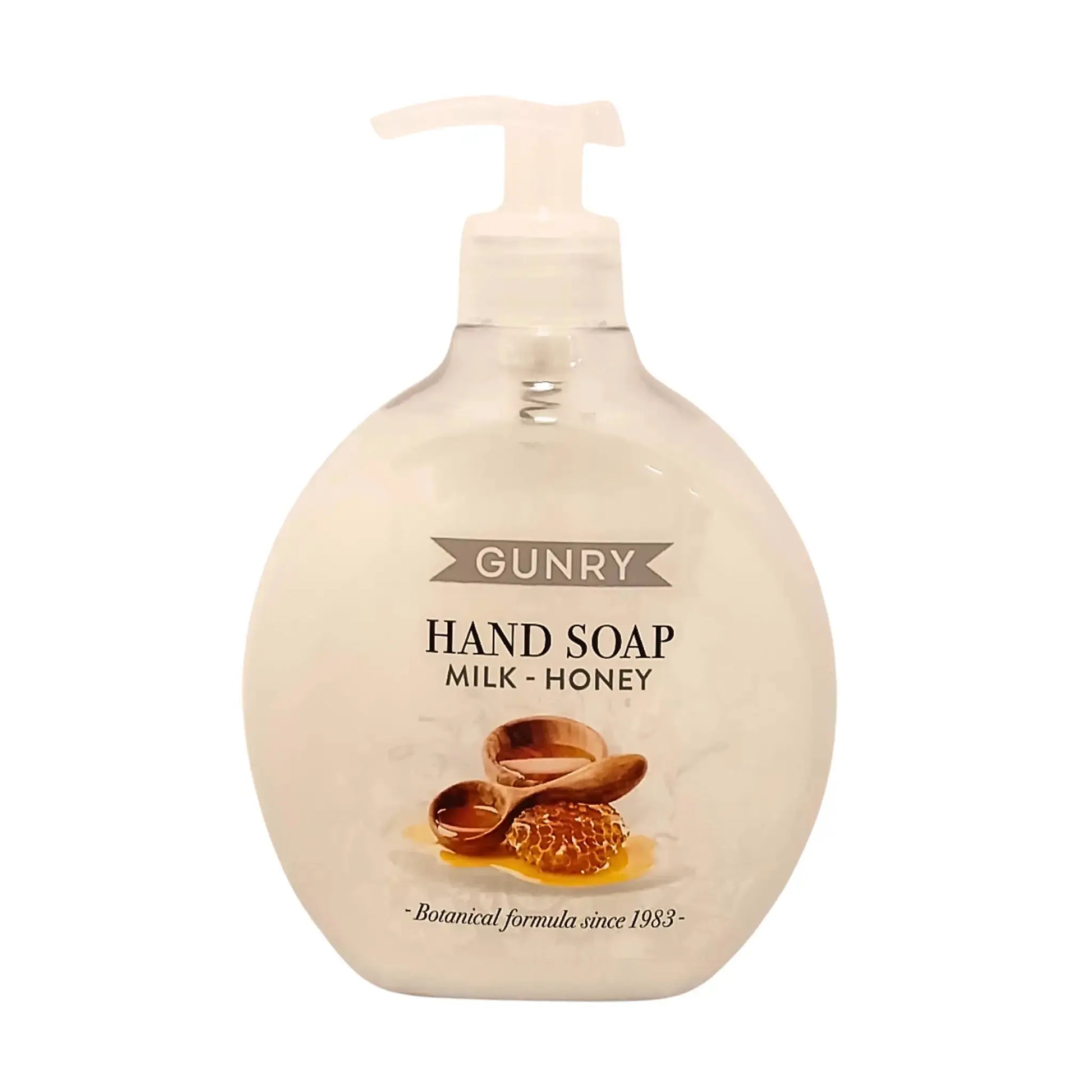 Flytande handtvål med pump, Gunry Milk & Honey 400ml, genomskinlig flaska mot vit bakgrund.