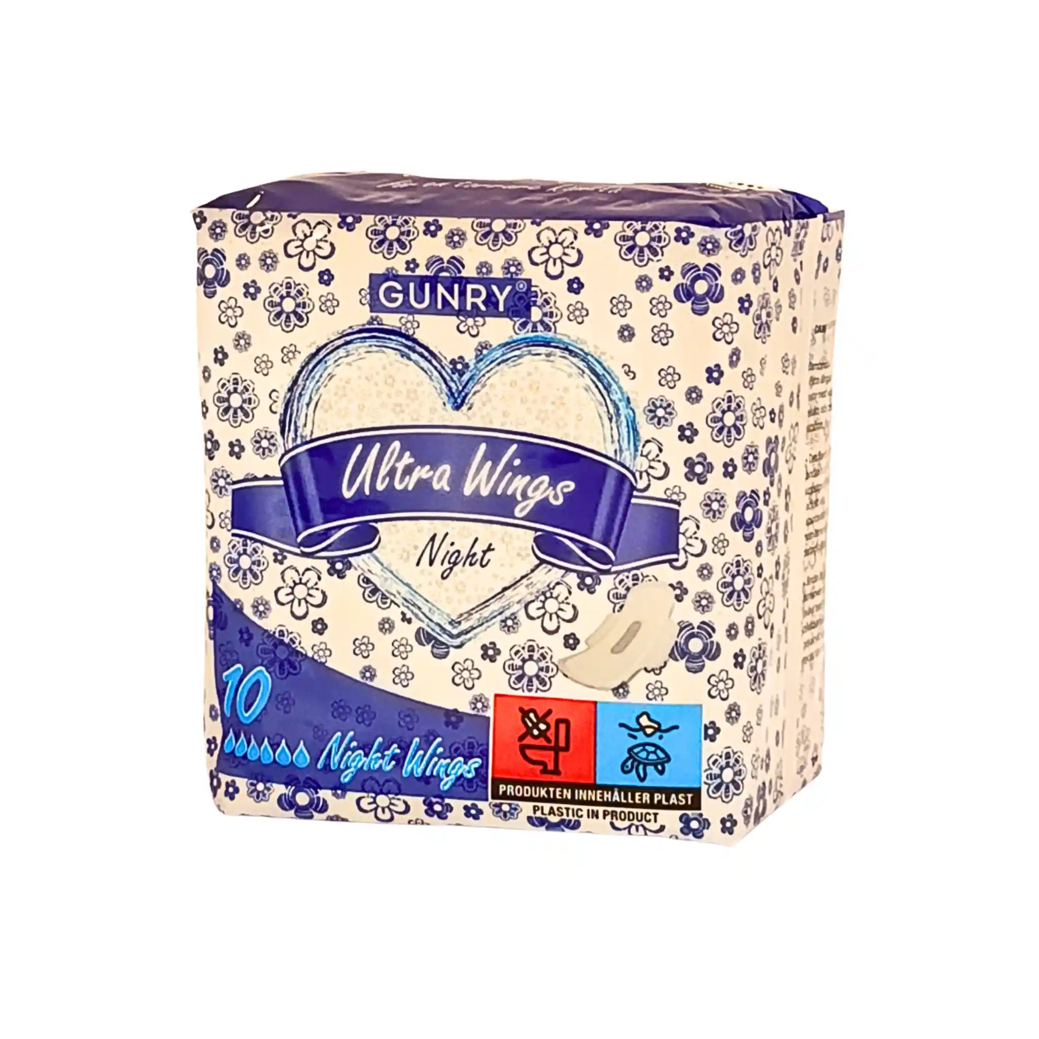 Gunry Ultra Wings nattbindor med vingar, 10-pack, blå och vit förpackning med blommönster.