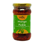 Glasburk med HDL Mango Pickle, orientaliskt mangopickle, grön etikett, gul lock