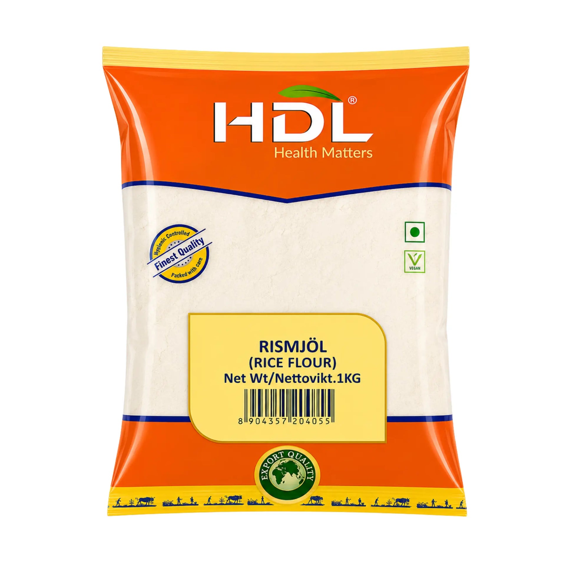 HDL rismjöl 1 kg i orange och vit påse med påskrift Rismjöl.