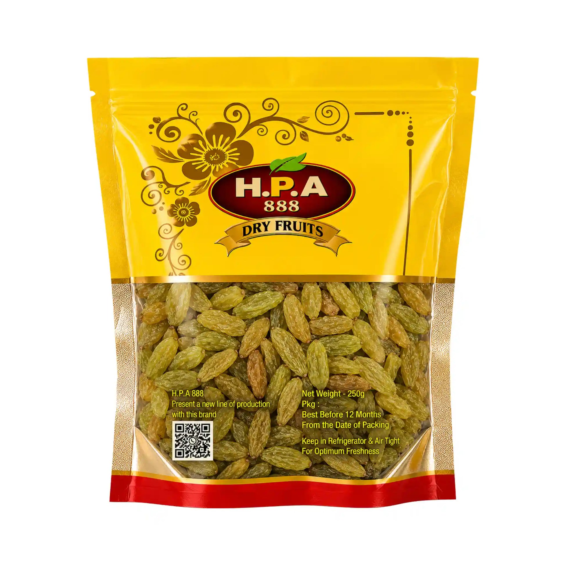 Gul påse med russin, H.P.A 888, 250 g torkad frukt