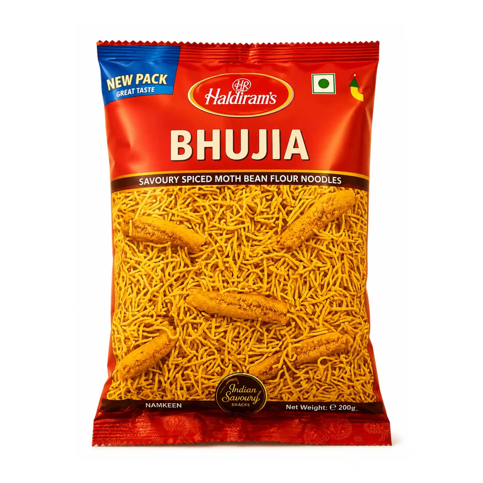 Haldiram’s bhujia påse 200 g, röd/orange med “BHUJIA”-text