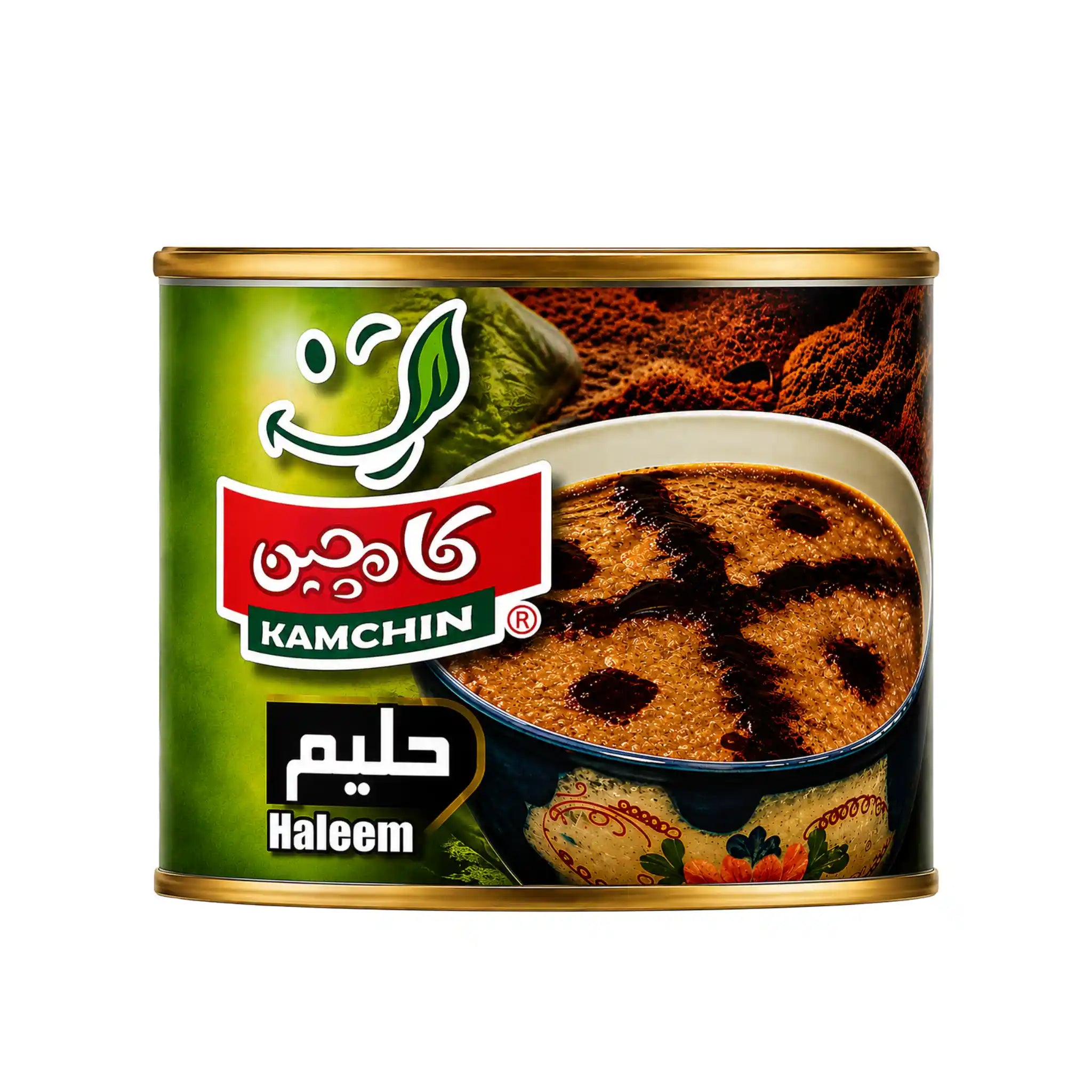 Haleem Kamchin 480 g matburk med etikett och bild på ångande gryta