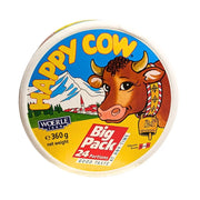 Rund förpackning Happy Cow smältost 360g, 24 portionsbitar, färgglad etikett med ko och alplandskap.